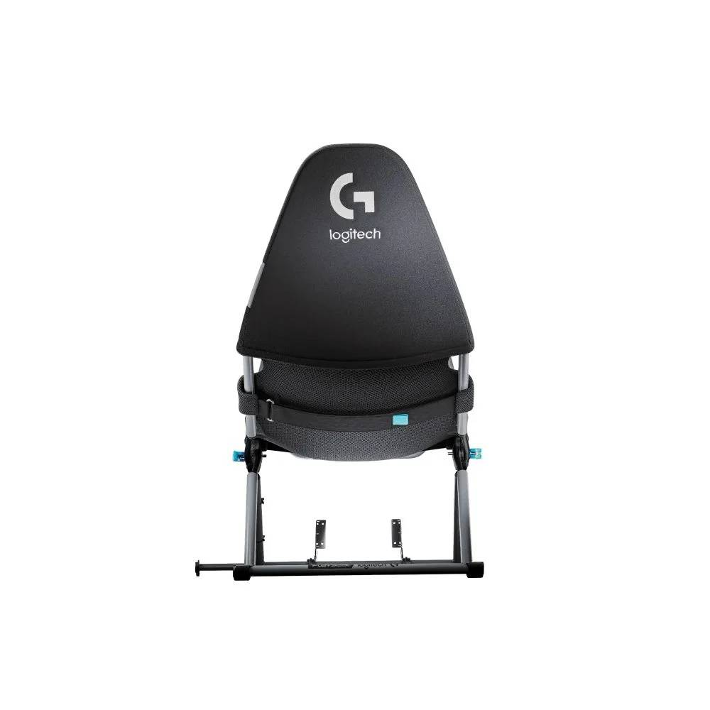 Respaldo de silla Logitech negro con logo sobre fondo blanco.