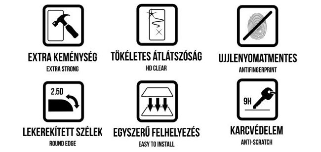 Képernyővédő fólia tulajdonságait leíró ikonok: extra erős, HD tiszta, ujjlenyomatmentes.