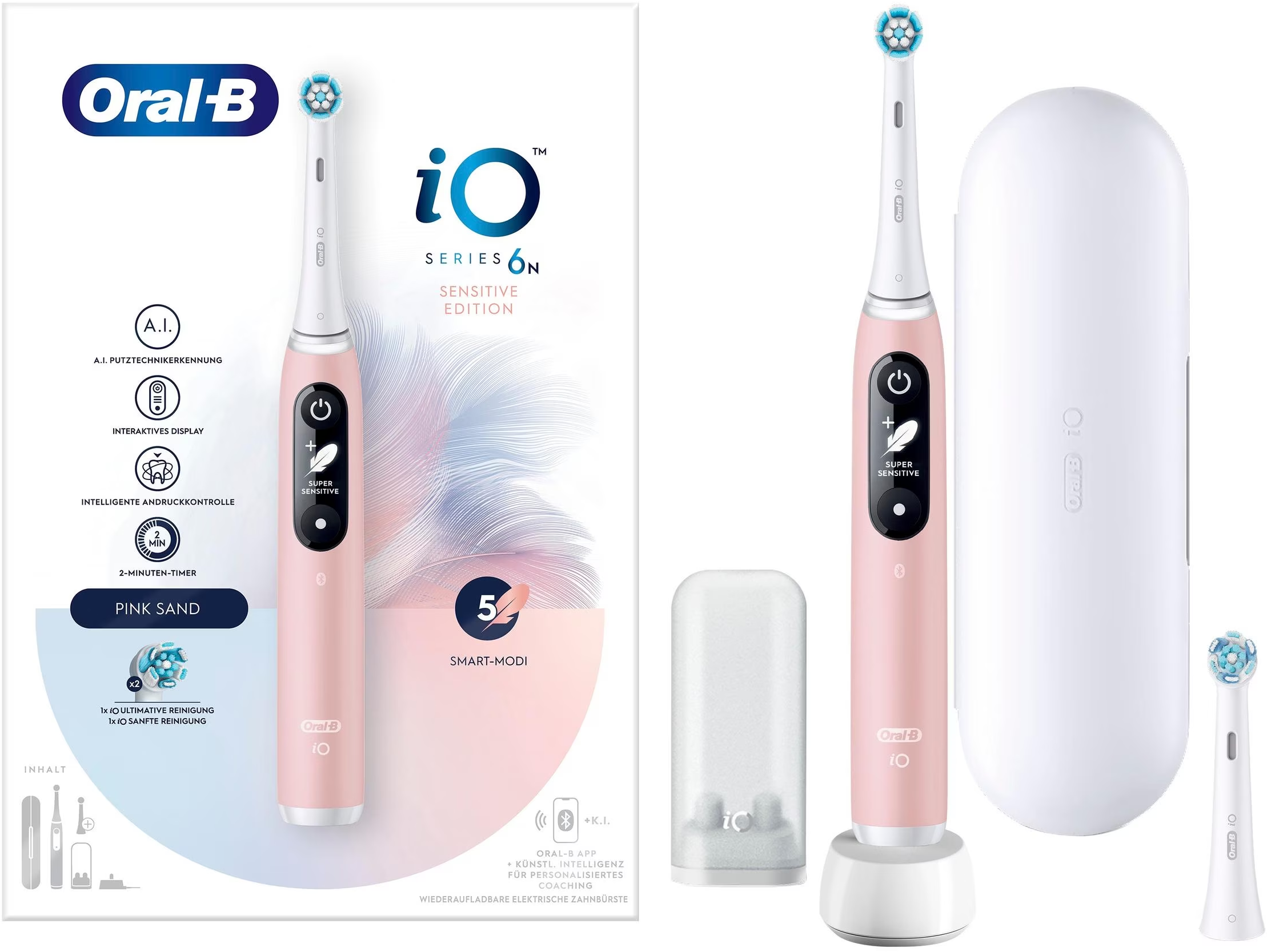Zwei rosa Oral-B iO Series 6N elektrische Zahnbürsten mit Zubehör und Verpackung.