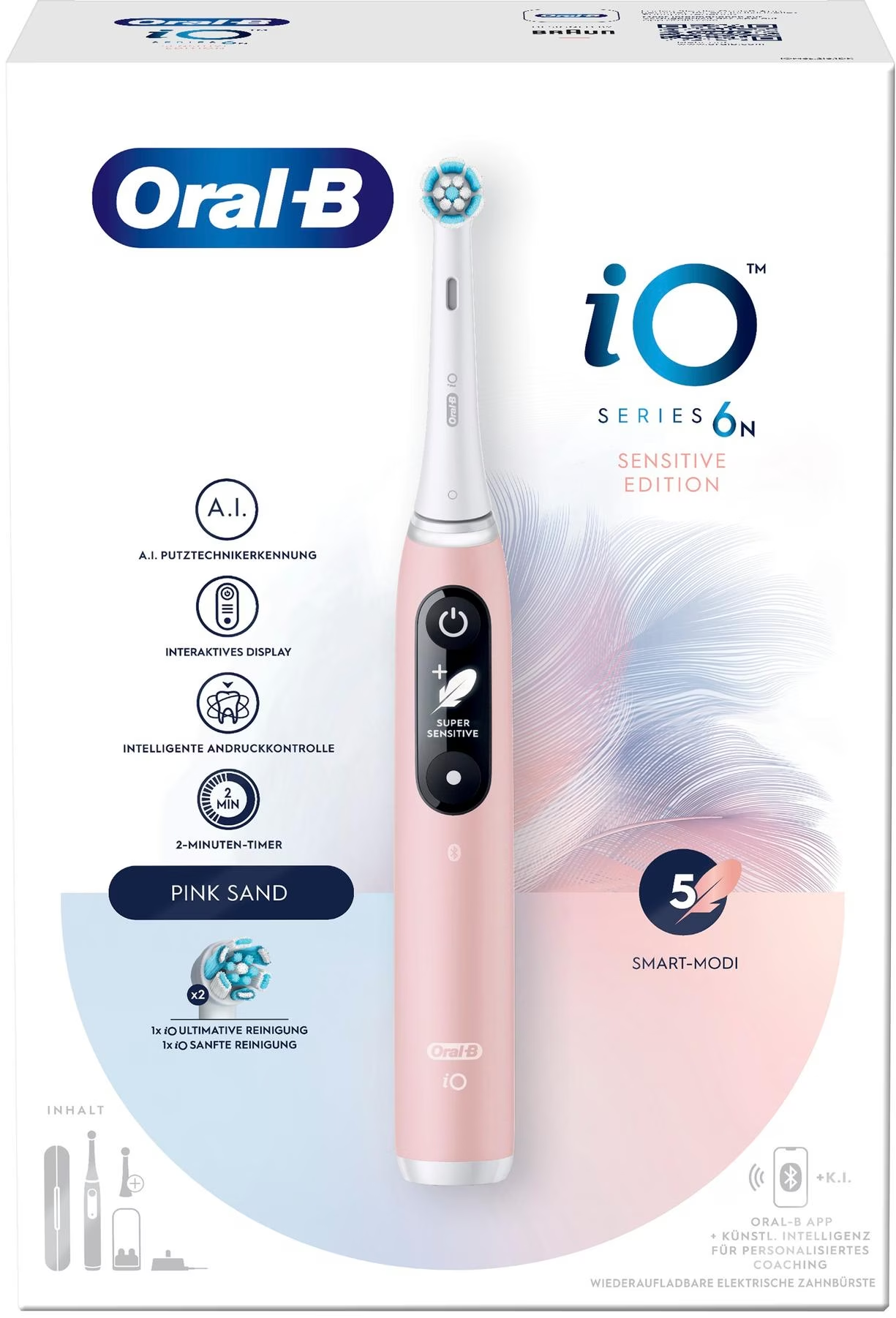 Pinke elektrische Zahnbürste Oral-B iO Series 6N in einer Box, mit angezeigten Funktionen.