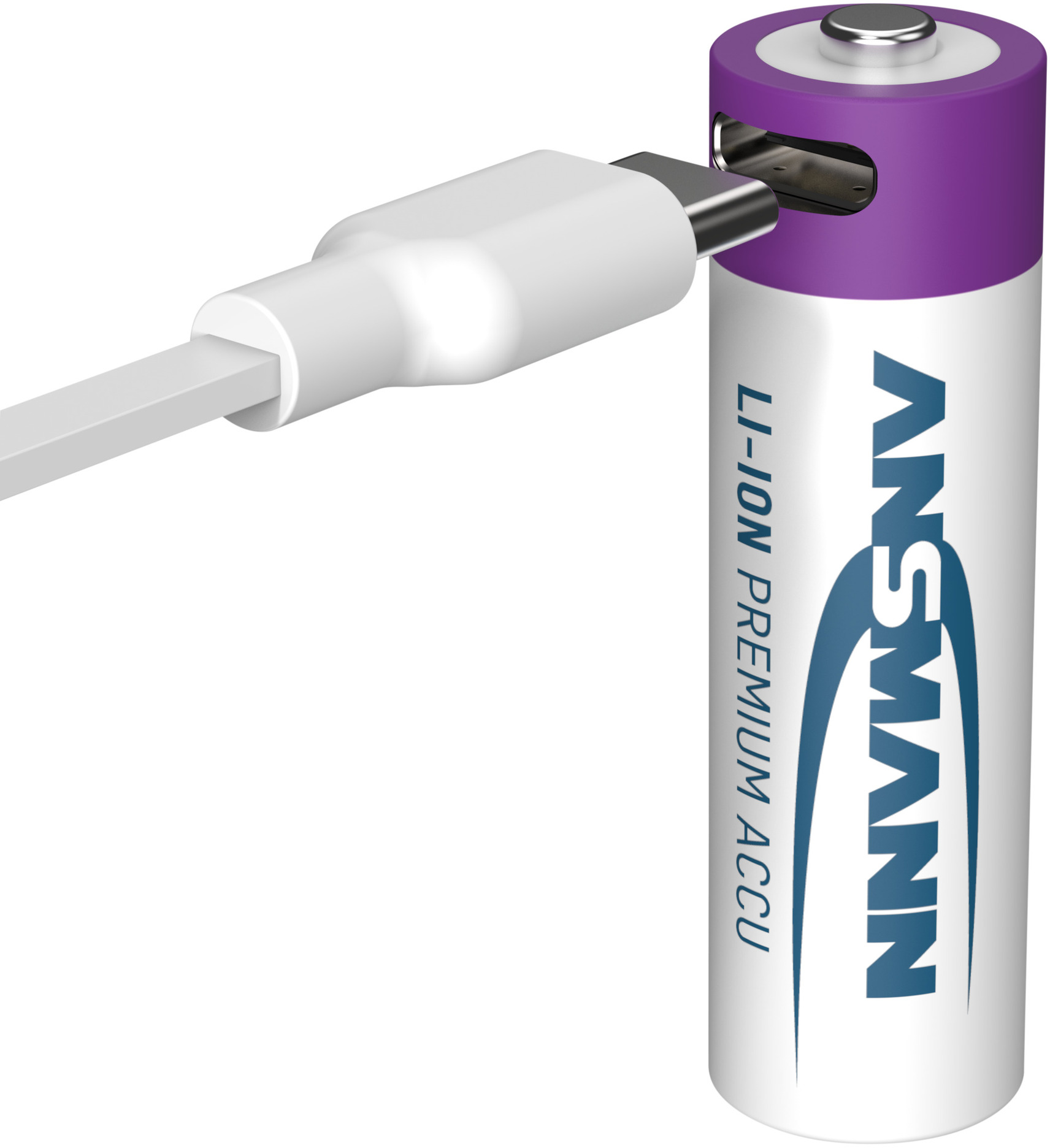 Un câble USB-C blanc est branché sur une pile AA ANSMANN violette et blanche.
