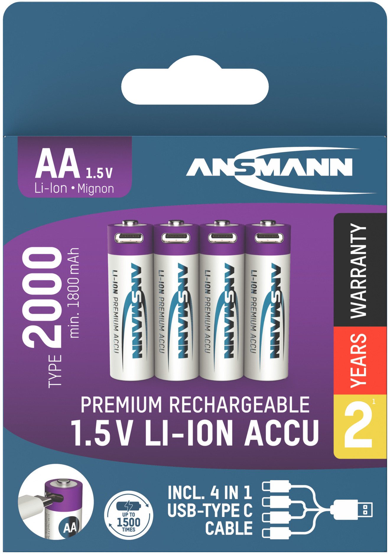 Quatre piles AA dans un emballage, avec un câble USB-C. Les piles portent une étiquette 'ANSMANN'.
