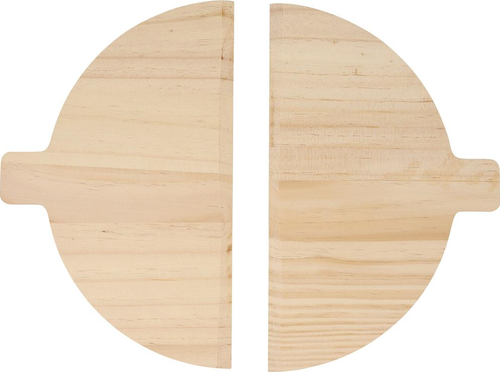 Deux formes en demi-cercle en bois avec un espace blanc vertical. Chacune a une extension en forme de poignée. Grain de bois clair visible.