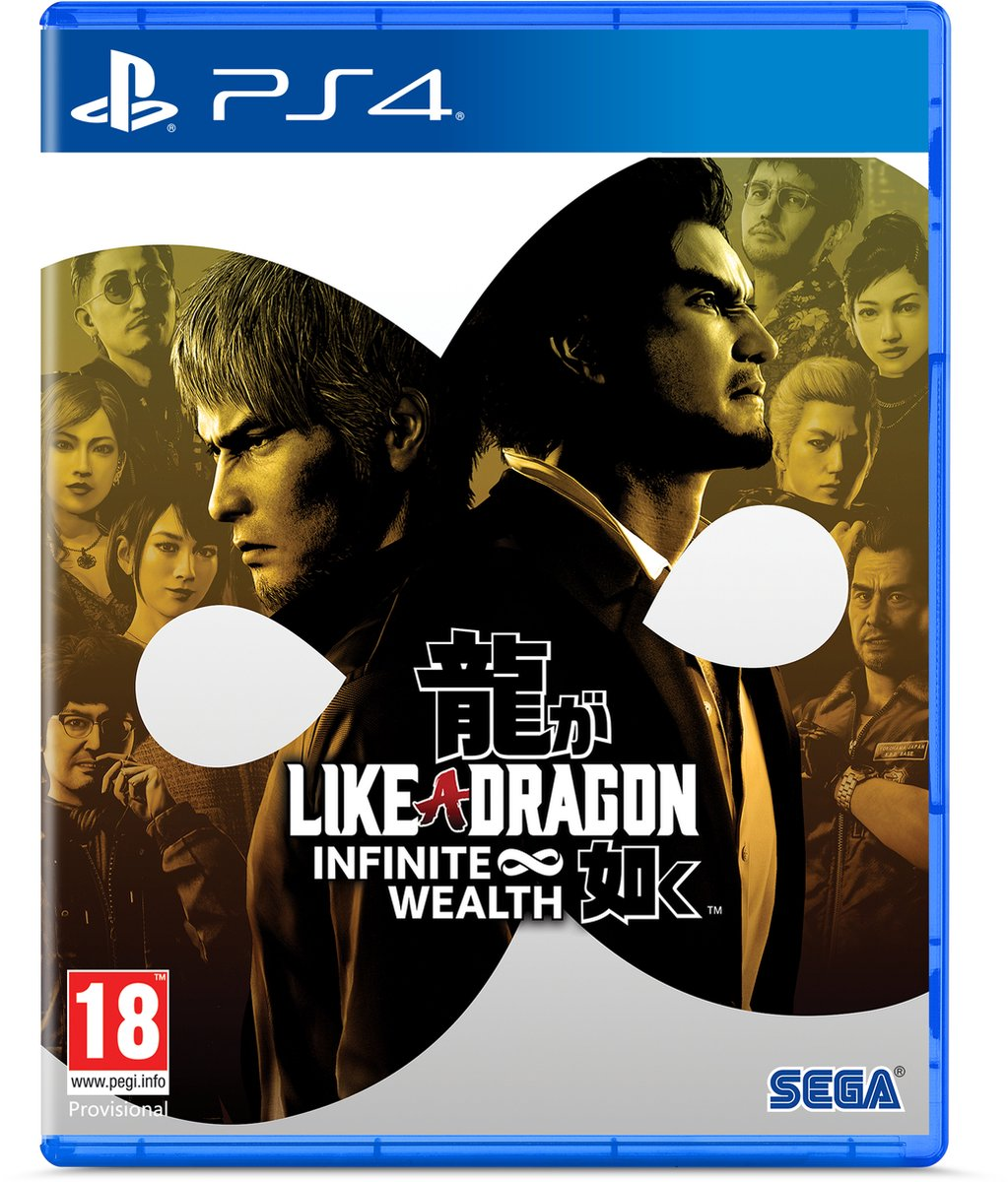 PS4 game cover: Twee mannen, tekst in het Japans. Achtergrond gezichten. Blauwe hoes.