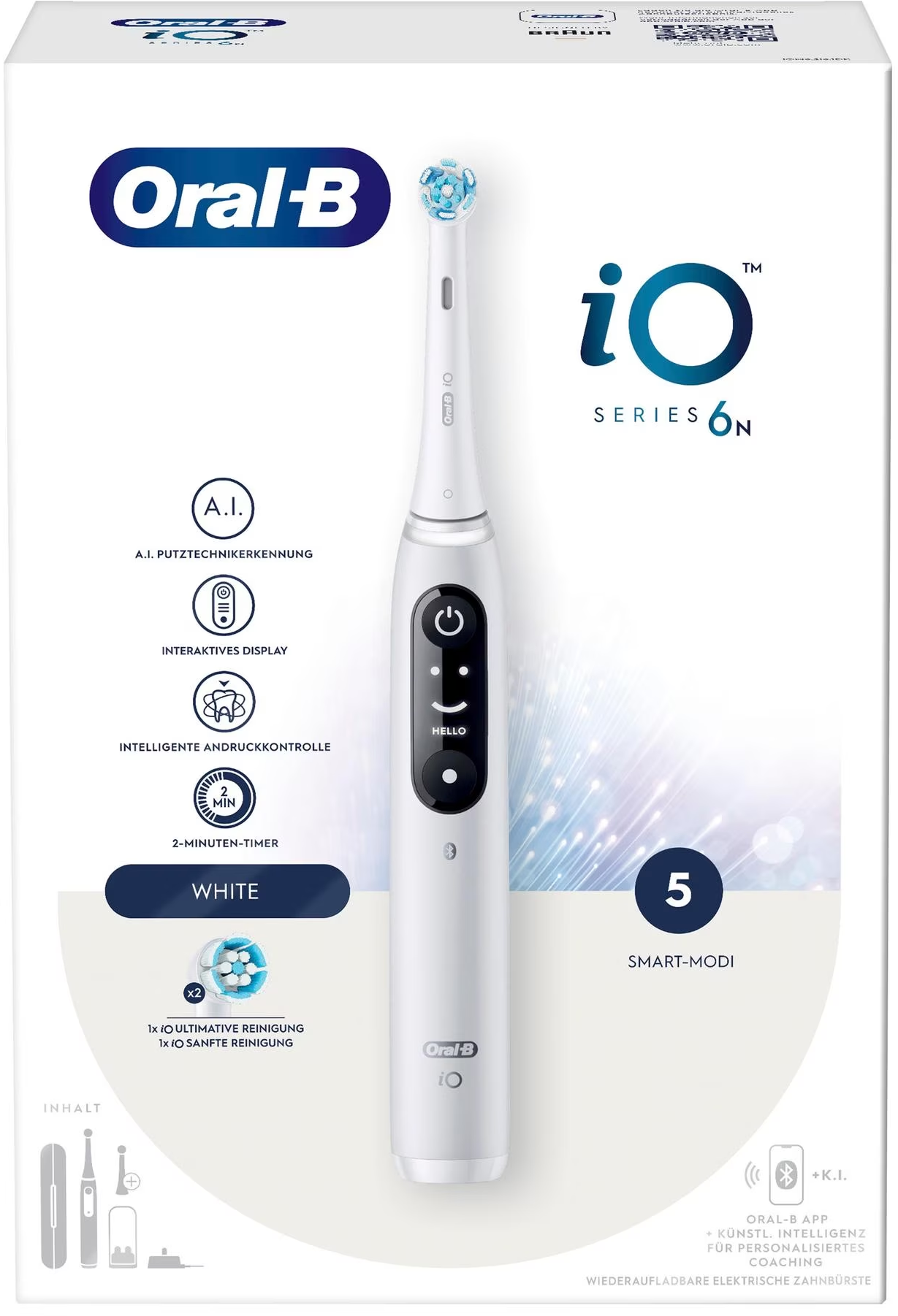 Weiße elektrische Zahnbürste Oral-B iO Serie 6N. Die Box zeigt die Bürste, Funktionen und den Markennamen.