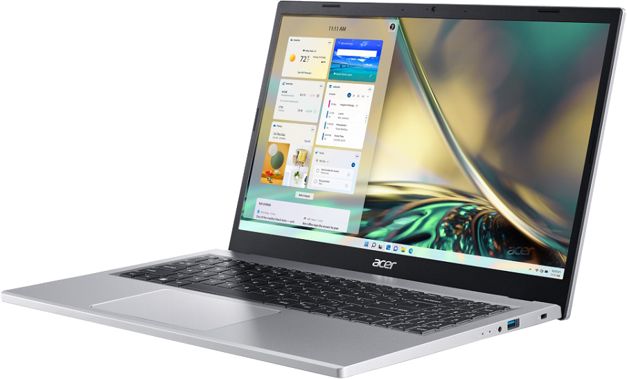 Ezüst Acer laptop widgeteket jelenít meg. Billentyűzet és touchpad látható. A háttér zöld és arany tónusokkal elmosódott.