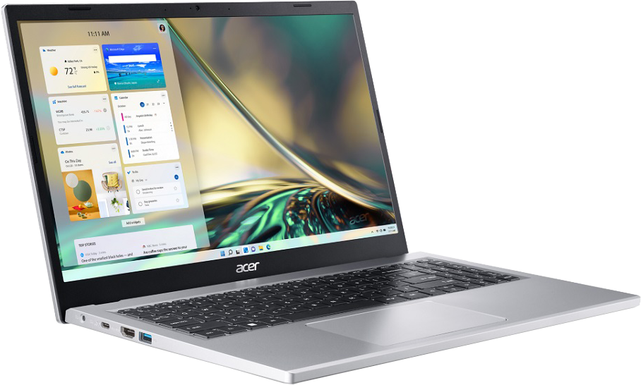 Ezüst Acer laptop nyitva, widgeteket mutat. Billentyűzet látható. A képernyő időjárást, naptárt és híreket jelenít meg. Fehér háttér.