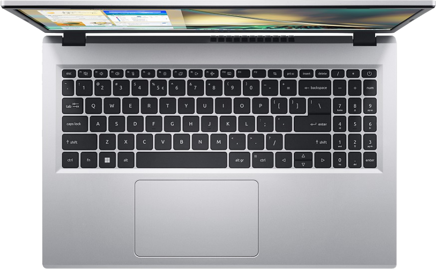 Laptop billentyűzet felülről. A billentyűzet ezüstszínű, fekete gombokkal.