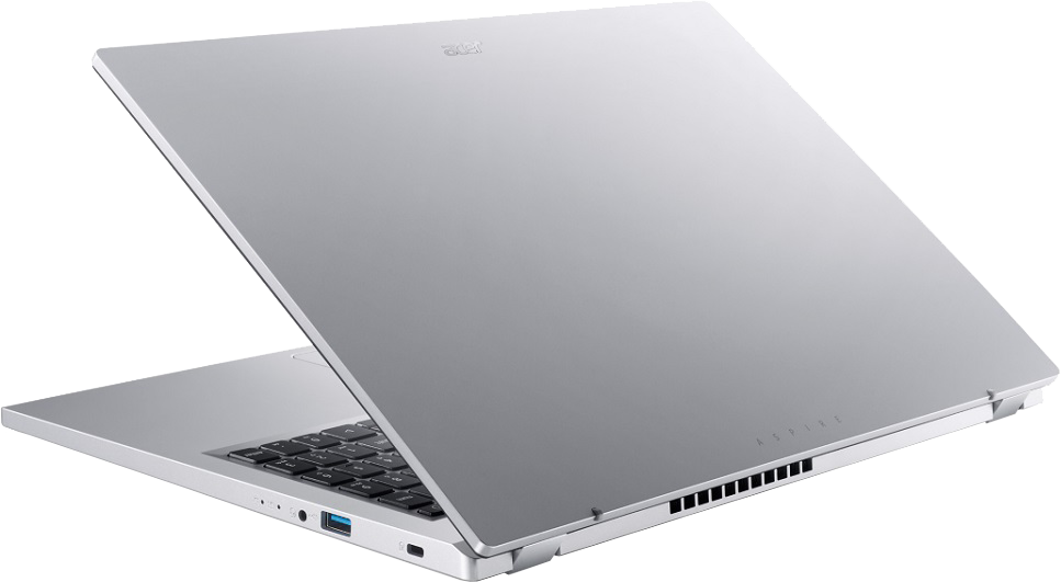 Ezüst laptop, nyitva, szögből. A képernyő enyhén döntött, a billentyűzet látható.
