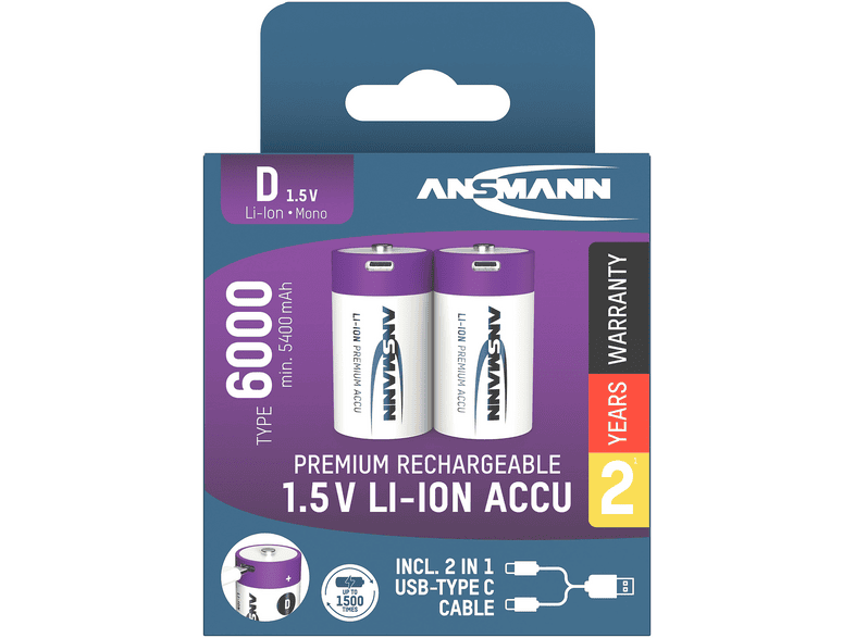 Ansmann Mono D Li-Ion 6000mAh USB-C, 2er-Pack; Wiederaufladbare Batterie — Foto 2 von 3
