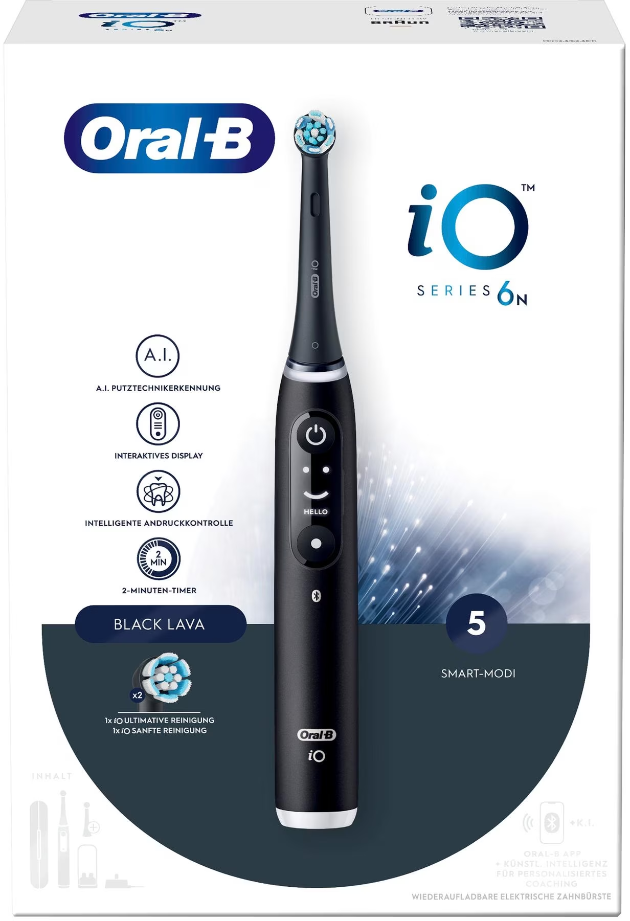 Schwarze elektrische Zahnbürste Oral-B iO Series 6N mit Display und mehreren Knöpfen.