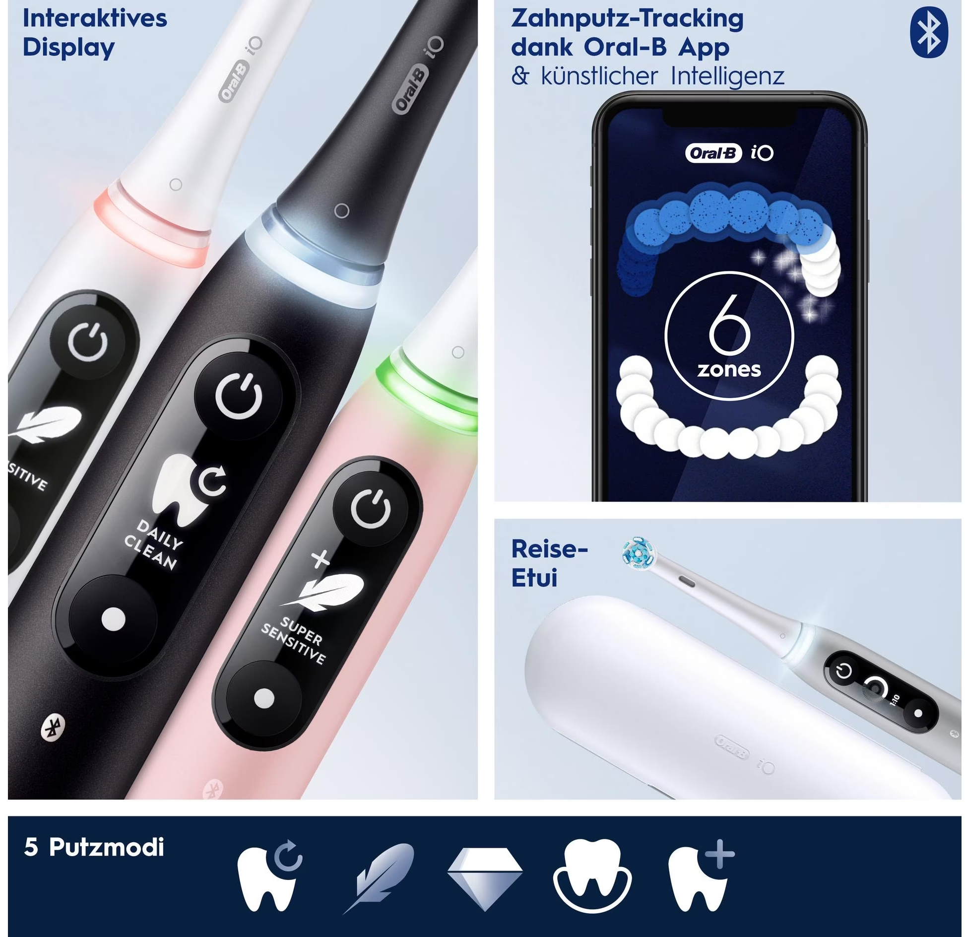 Das Bild zeigt verschiedene elektrische Zahnbürsten von Oral-B mit Textelementen über die Funktionen und Zonen der Zahnbürste.