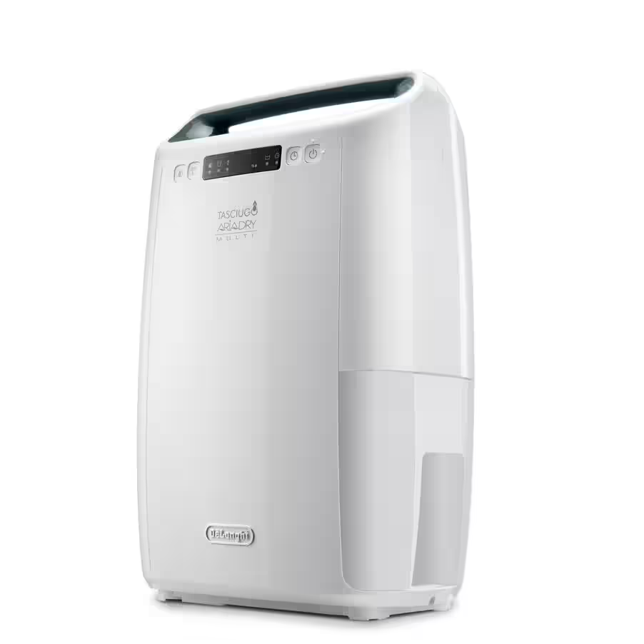 Fehér DeLonghi légtisztító digitális kijelzővel és vezérlőpanellel. Fehér háttér.