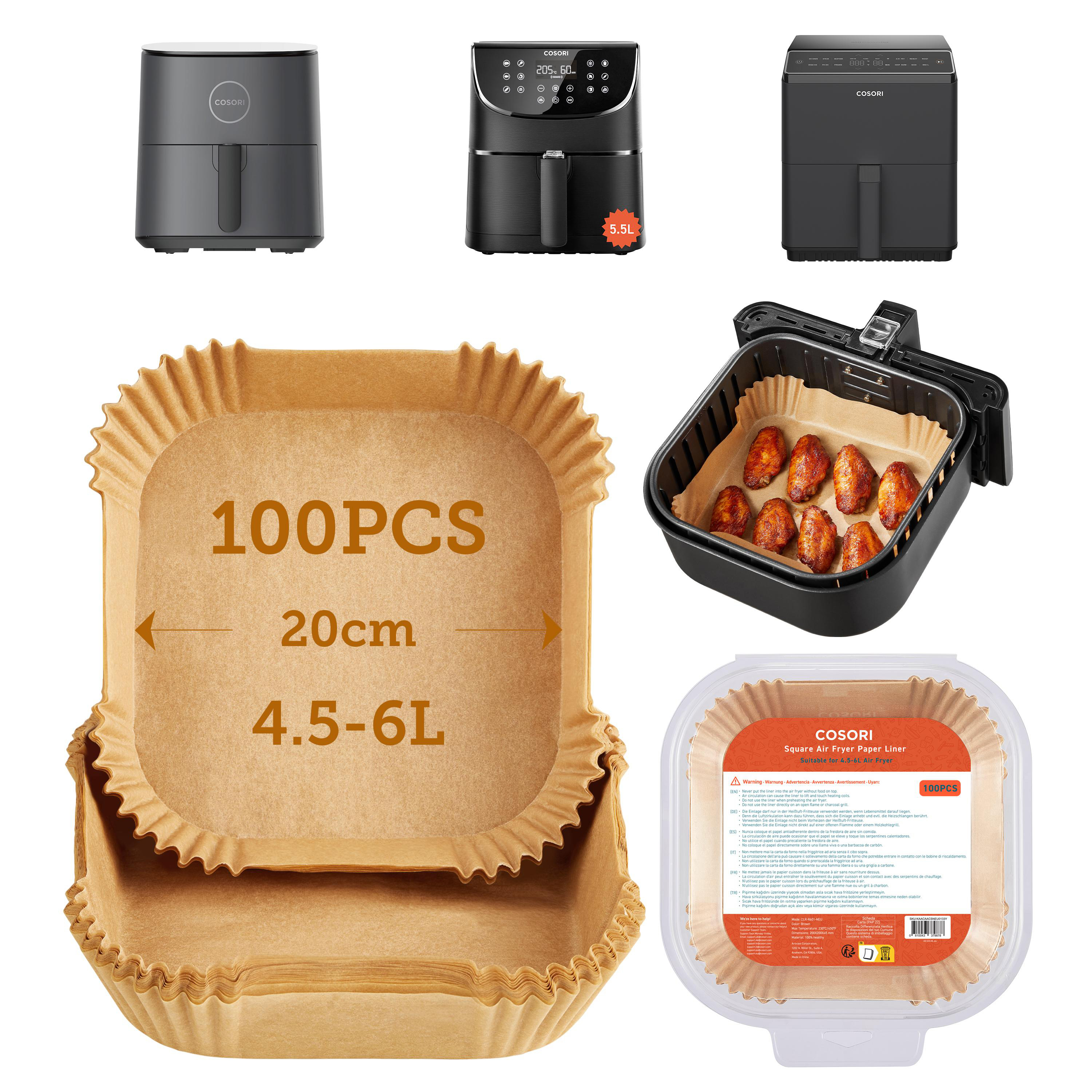 Airfryer-Papierauskleidungen und Airfryer. Auskleidungen sind braun und in einer Box. Airfryer sind schwarz und grau.