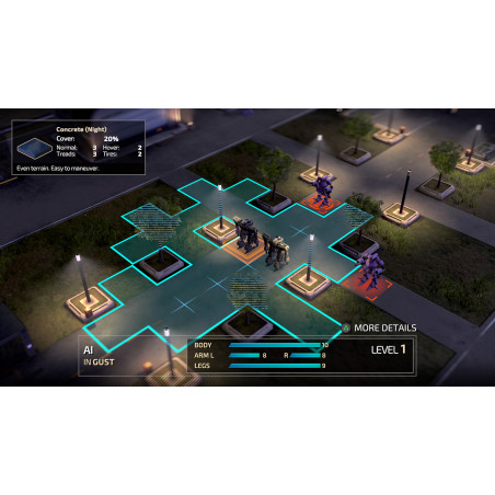 Tablero de juego de estrategia con robots y unidades, en una calle de la ciudad.