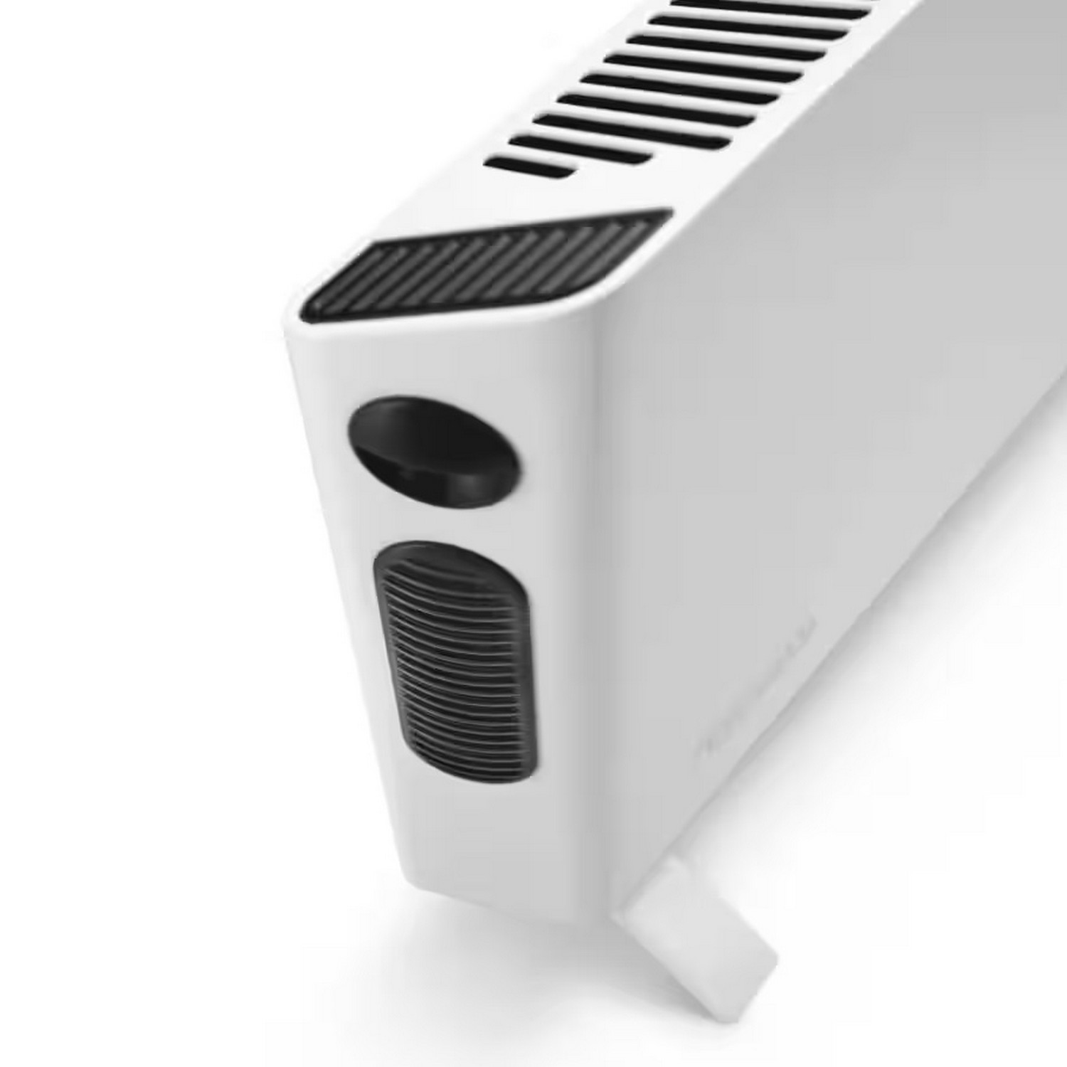 White heater with black accents. Features a vent and control panel.