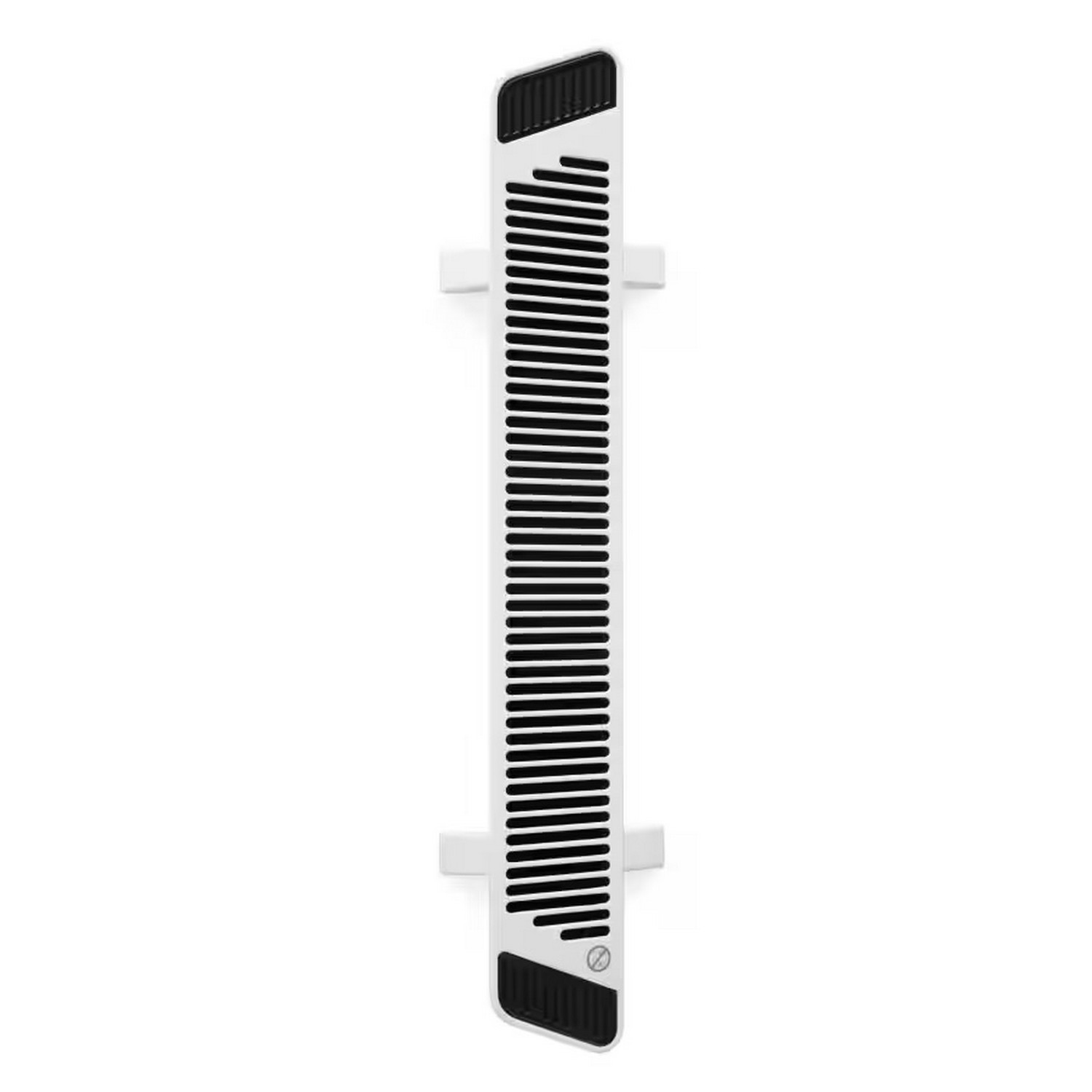 A white device with black grilles and end caps, mounted on a white wall. It has a rectangular shape.