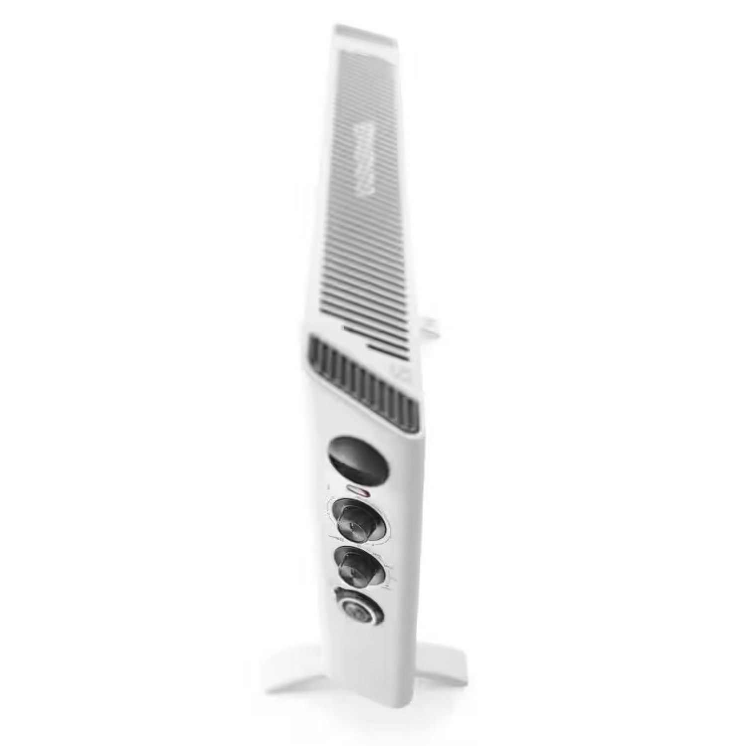 White electric heater with control knobs on the side. White base. White background.