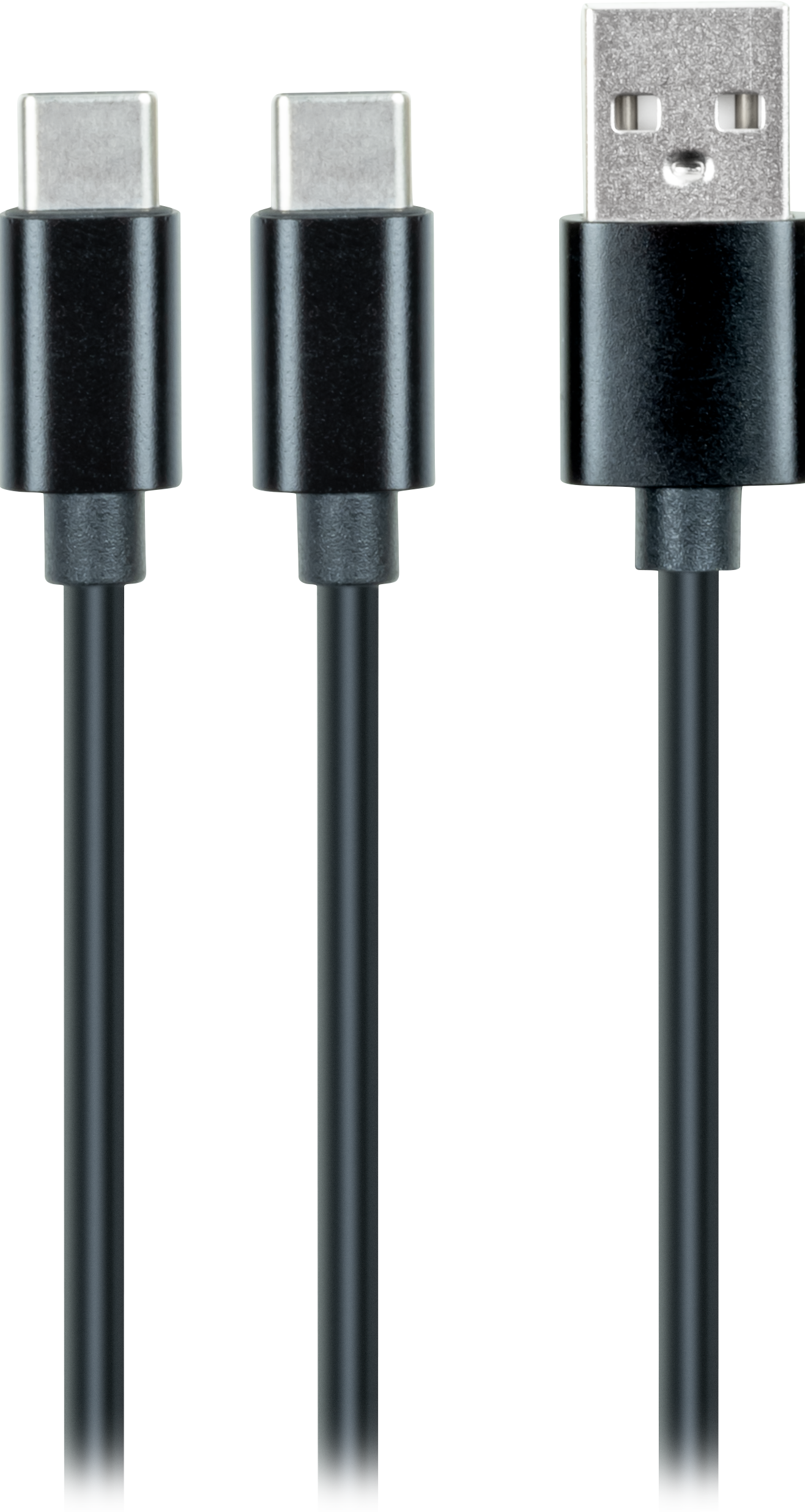 Drei schwarze USB-Kabel mit verschiedenen Steckern auf schwarzem Hintergrund.