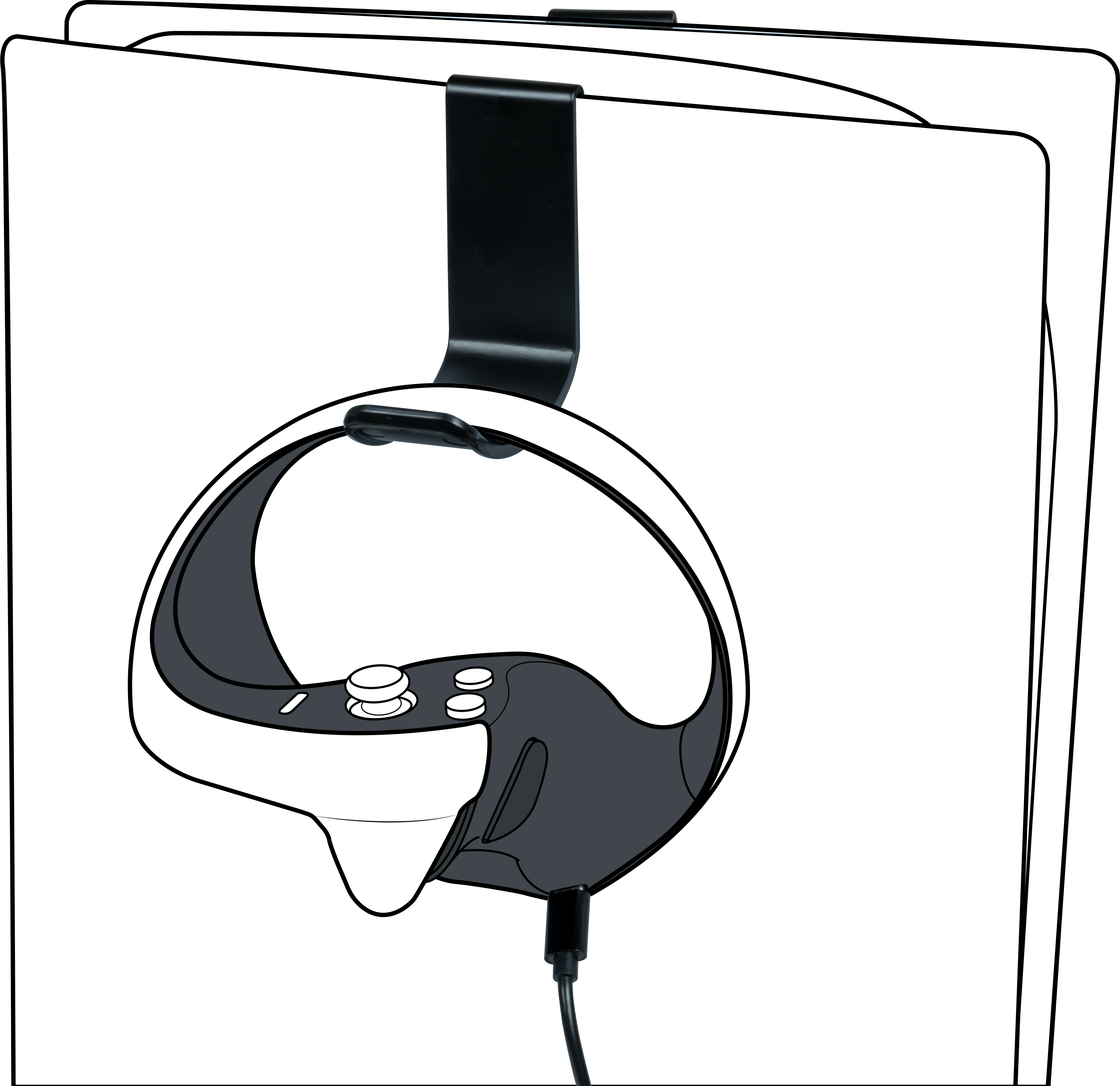 Weißer VR-Controller hängt an Konsole, schwarzes Kabel.