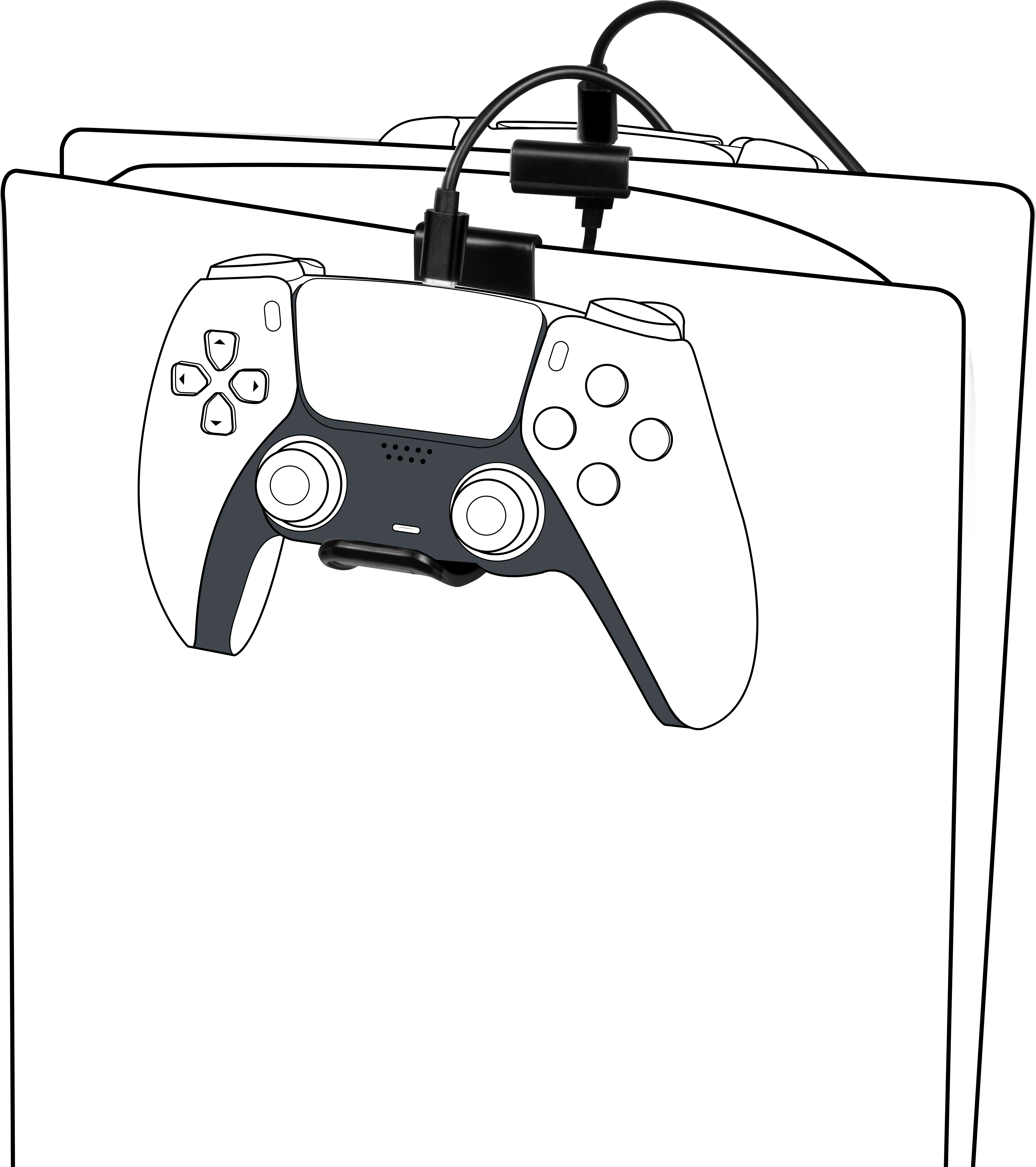 Ein schwarzer Gamecontroller ist an einer weißen Konsole befestigt. Der Controller hat Knöpfe und einen Mittelteil.