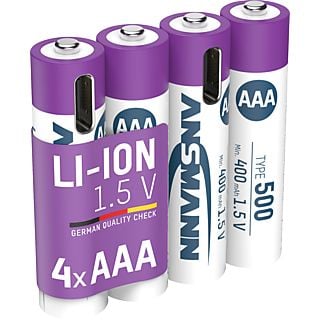 ANSMANN AAA Li-Ion 500 mAh USB-C 4 Stück - Wiederaufladbare Batterie (Silber)