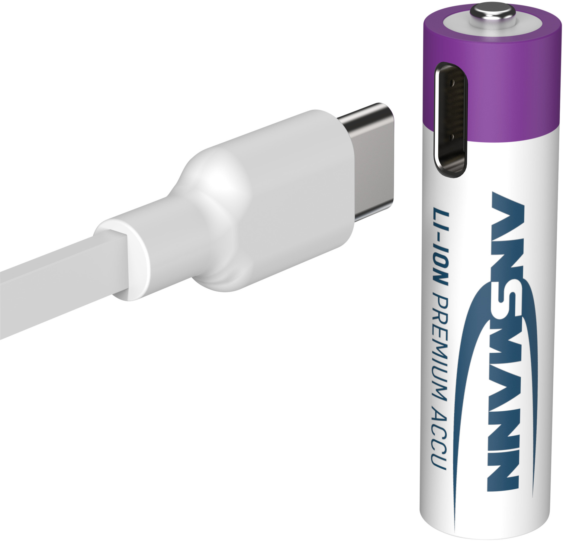 Un cavo USB-C bianco e una batteria AA viola e argento.