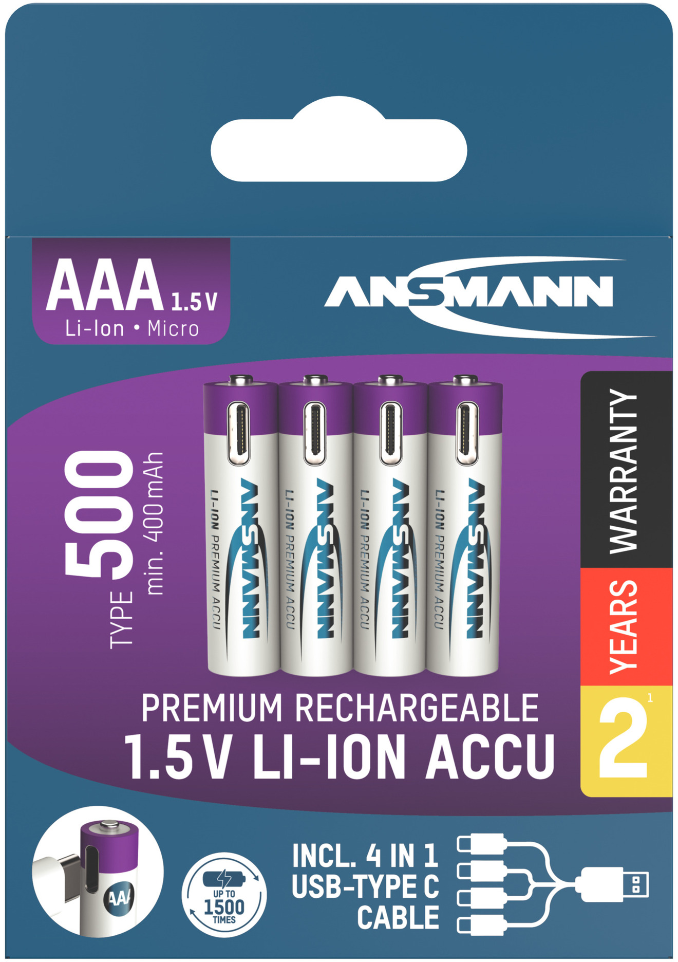 Confezione con batterie AAA. Marchio ANSMANN, 1,5V Li-ion, 500 mAh, ricaricabili e 2 anni di garanzia.