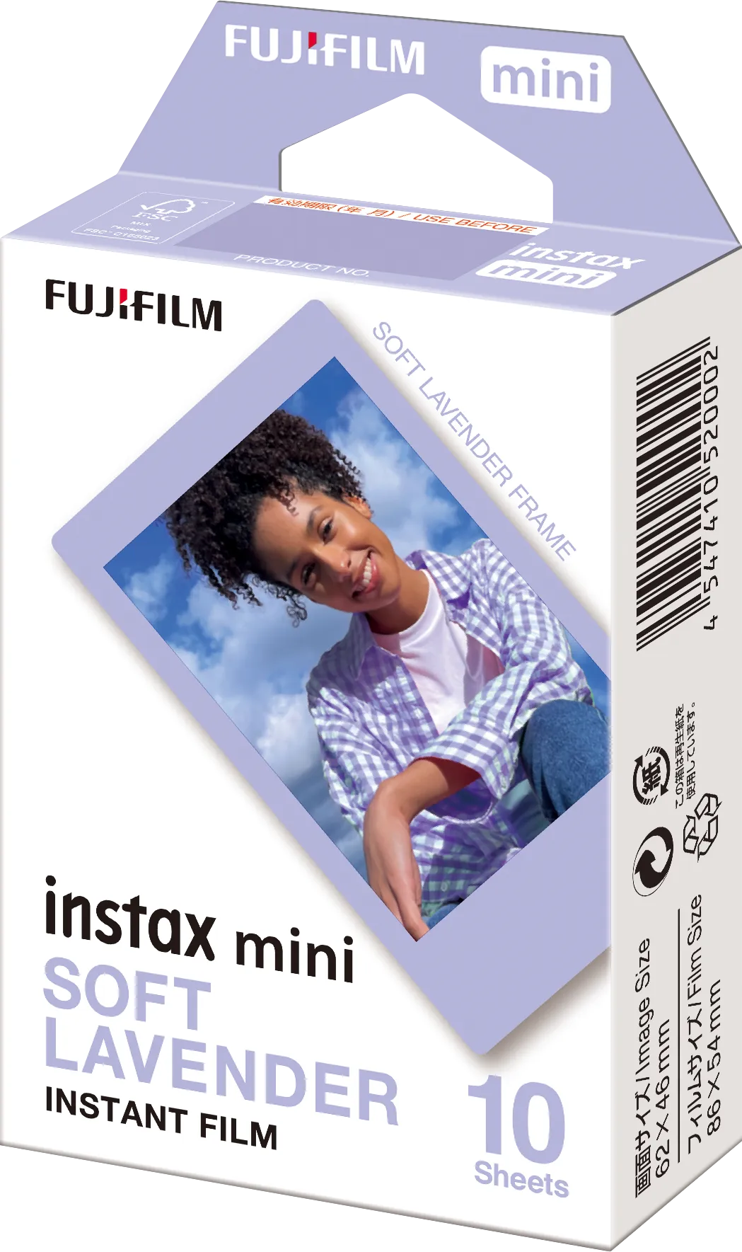 Schachtel mit Fujifilm Instax Mini Film, hellvioletter Hintergrund, Bild eines lächelnden Mädchens.