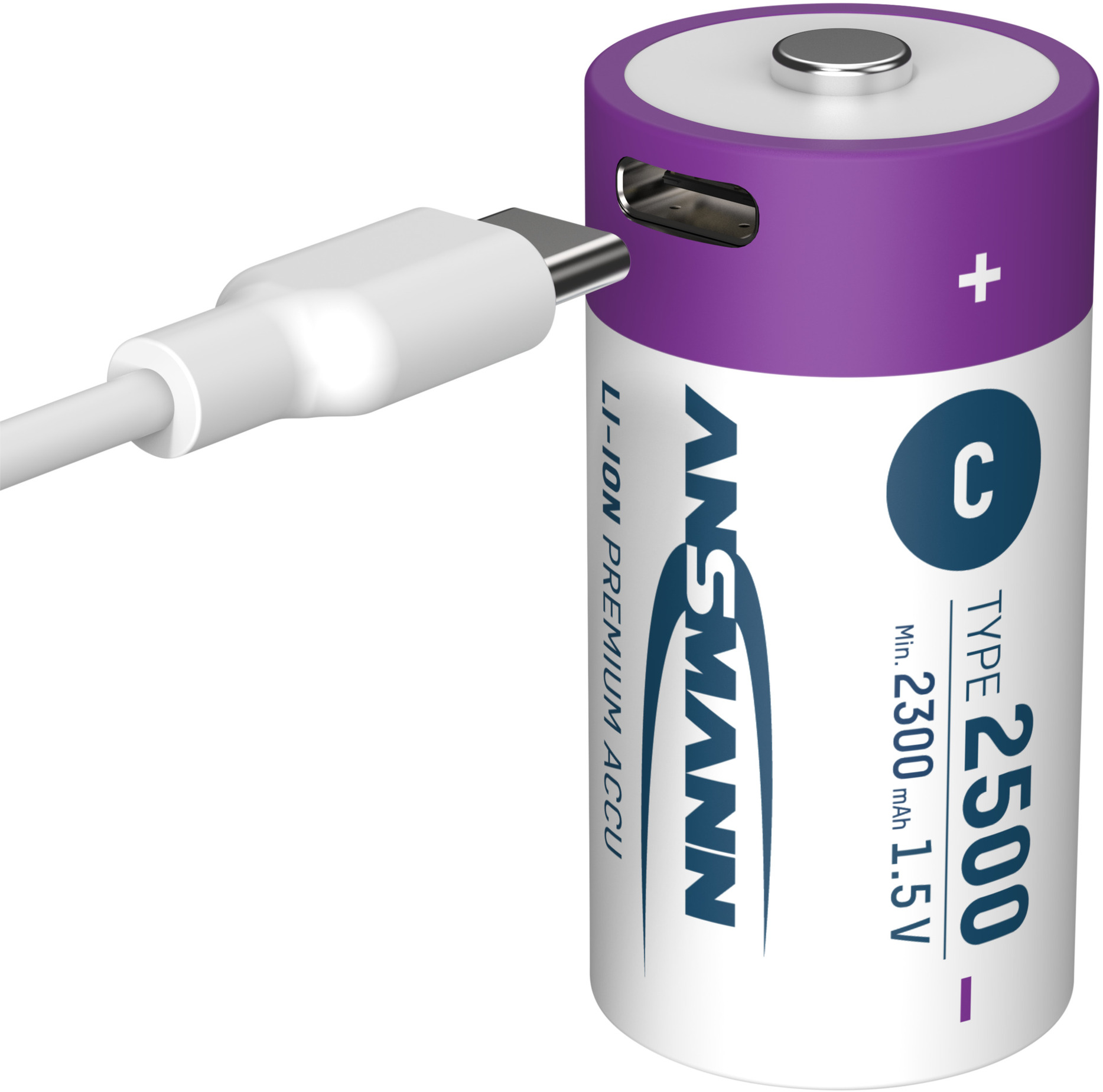 Une pile cylindrique blanche et violette est en charge avec un câble USB-C blanc.