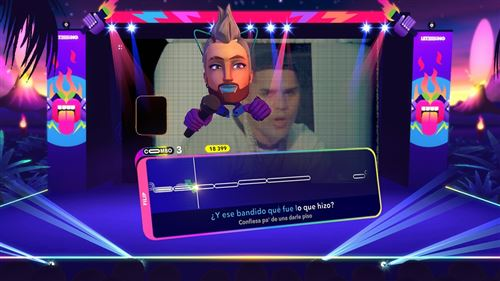 Una pantalla de videojuego con un avatar de dibujos animados cantando karaoke con letras.