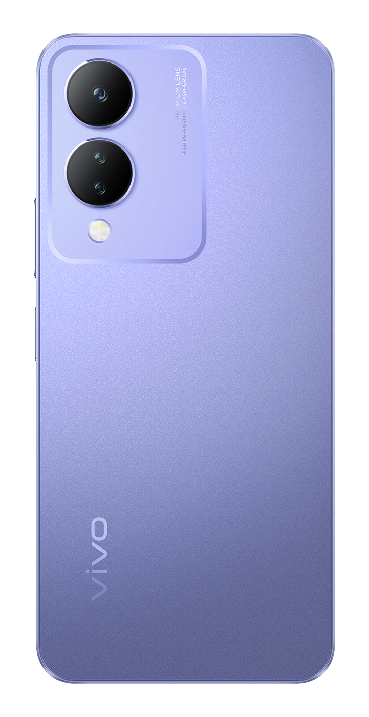 Die Rückseite eines lila Smartphones mit zwei Kameras und einem Blitz. Das Markenlogo ist sichtbar.