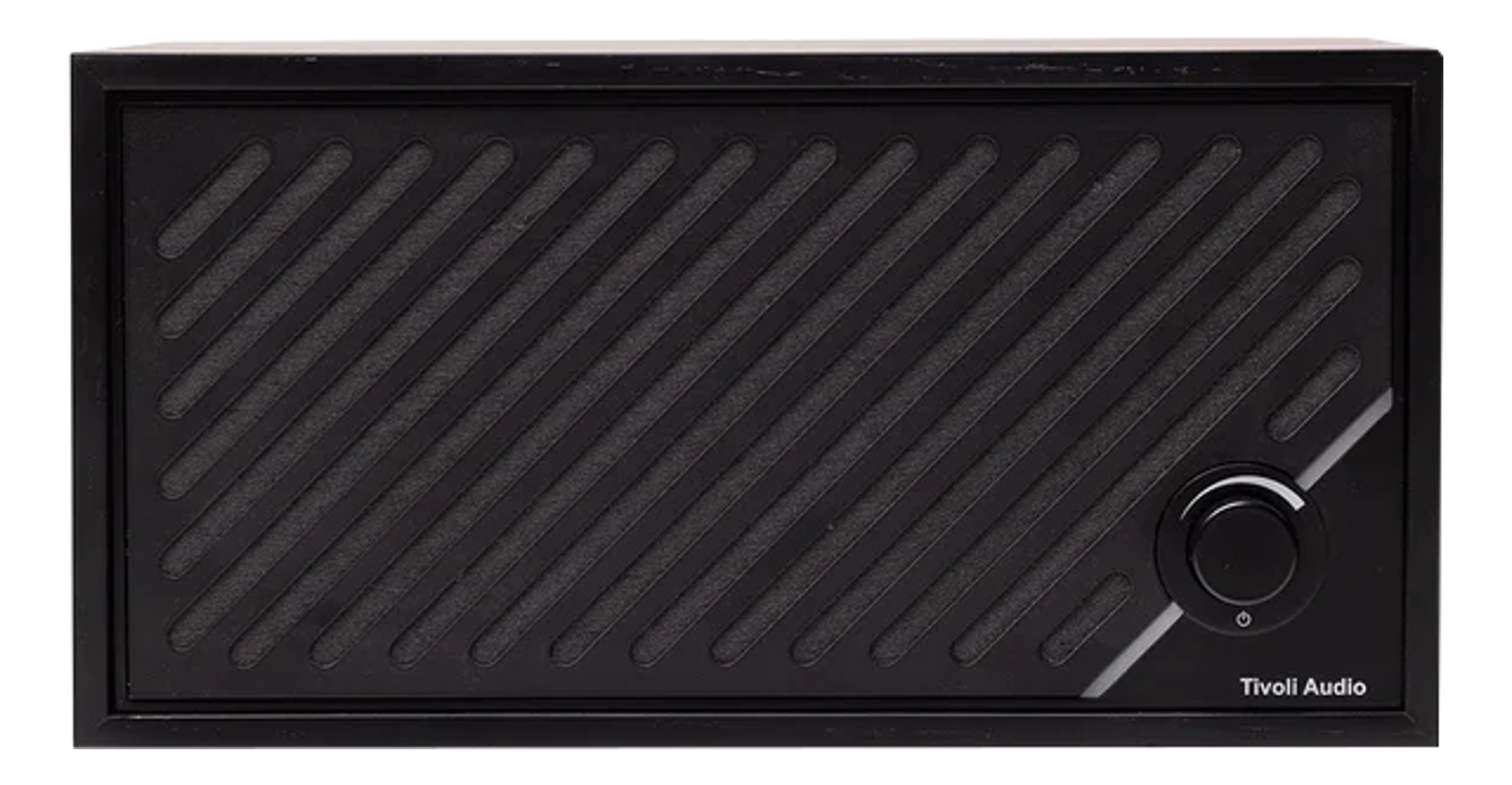 Haut-parleur Tivoli Audio noir avec des lignes diagonales et un bouton de commande circulaire sur la droite.