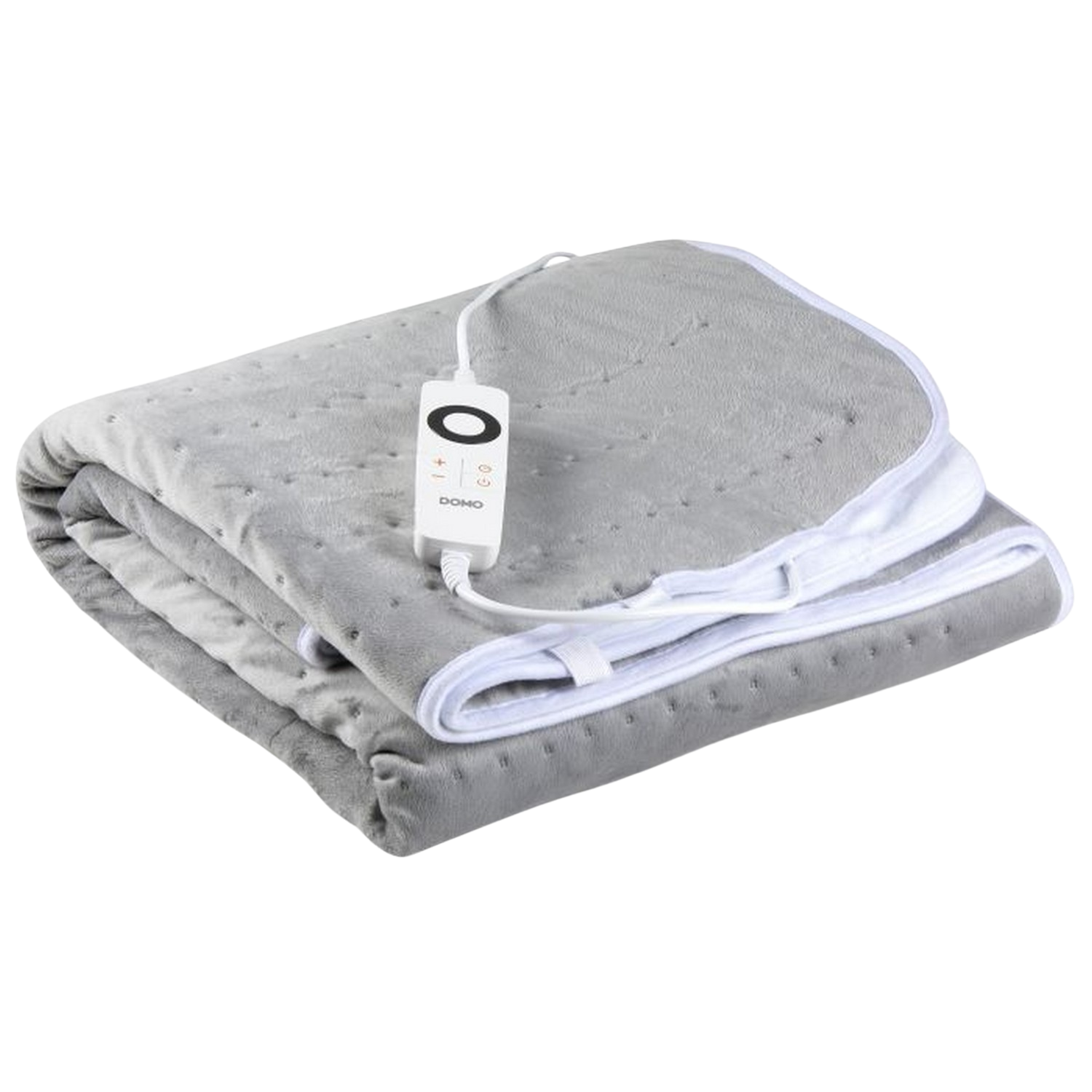 Couverture chauffante grise pliée avec bord blanc et panneau de commande.