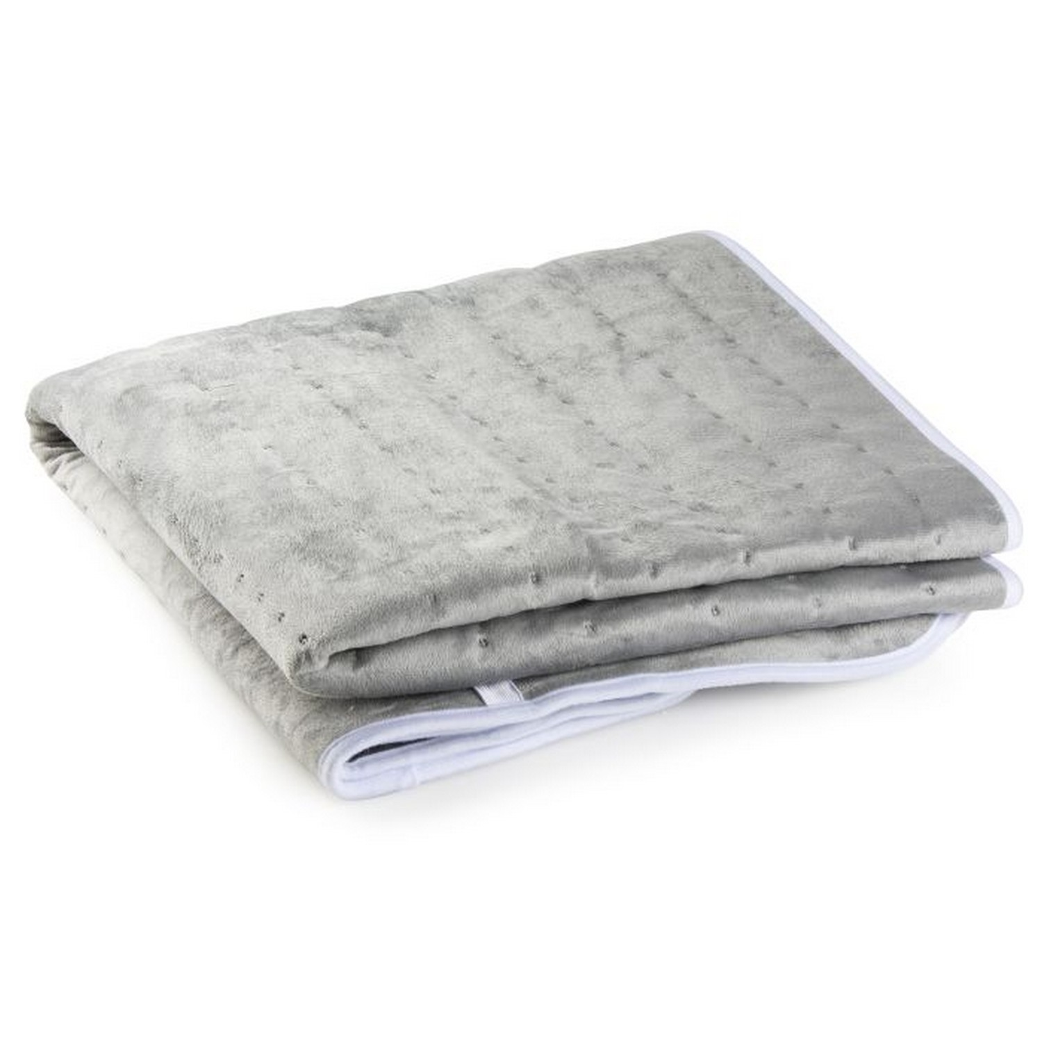Couverture chauffante grise pliée. La couverture a une bordure blanche et est sur une surface blanche.