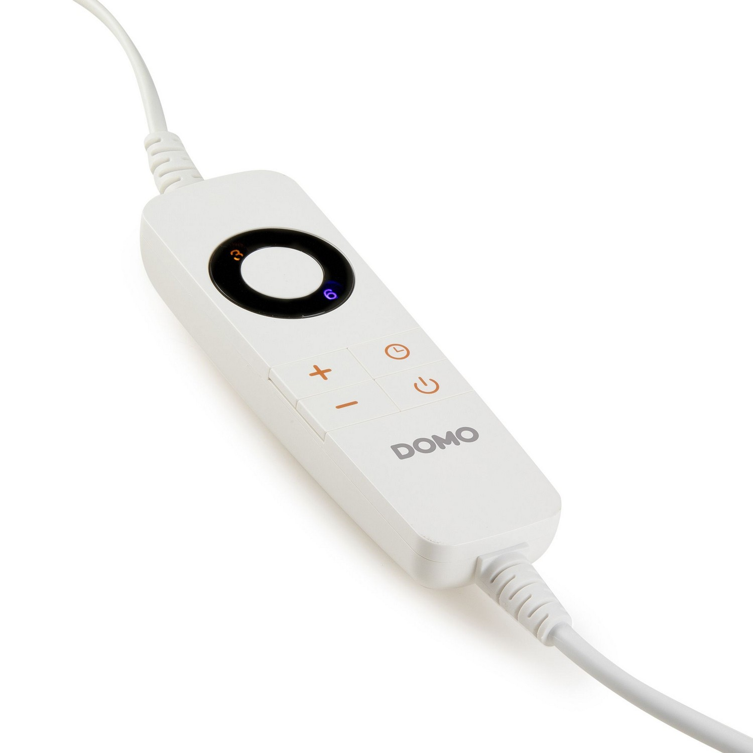 Une manette blanche avec des boutons et un cadran. Il a un câble blanc. Le mot 'DOMO' est imprimé dessus.