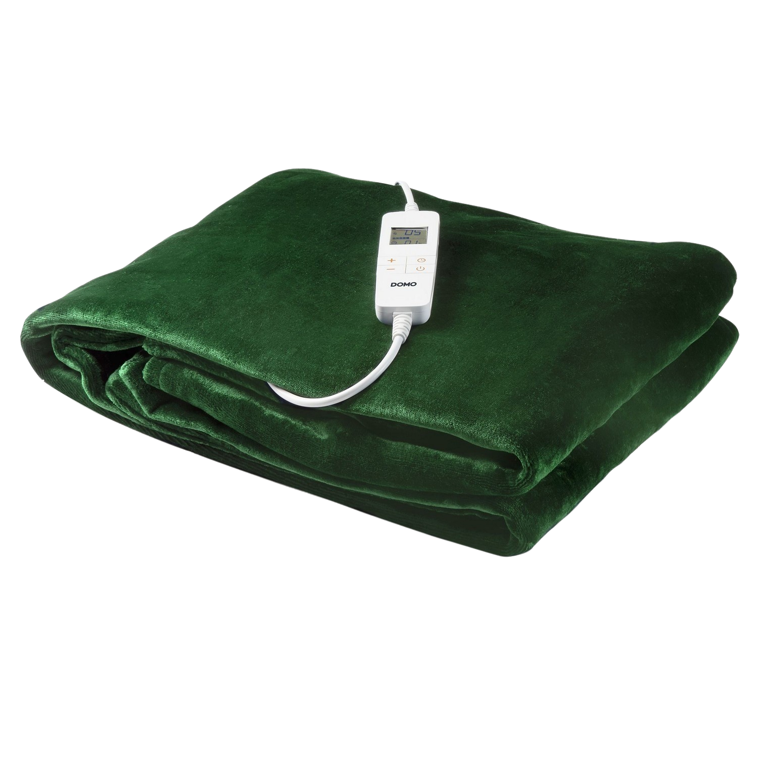 Une couverture chauffante électrique vert foncé pliée avec un panneau de contrôle blanc.