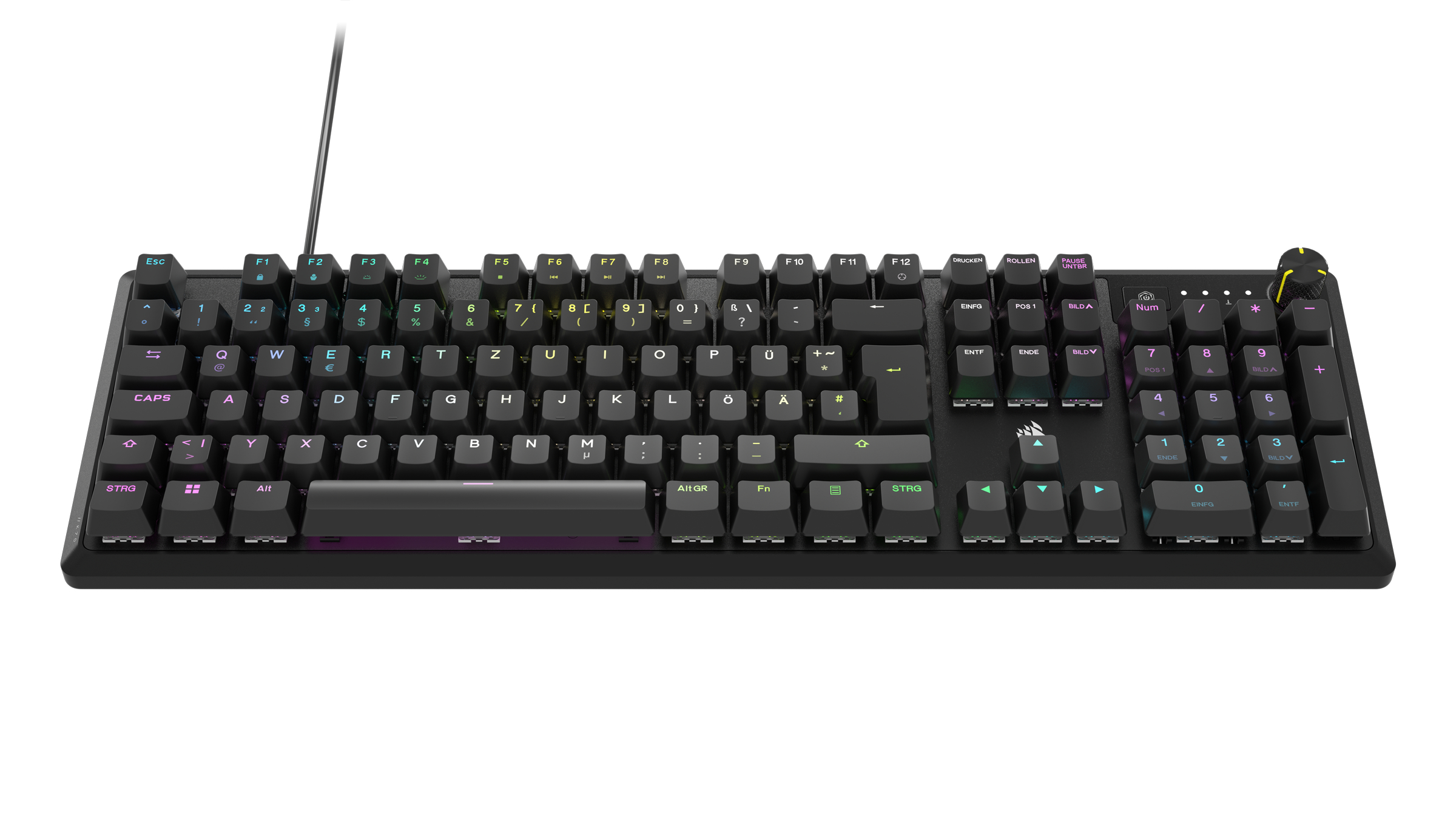 Schwarze mechanische Tastatur mit verschiedenen farbigen Tasten und einem Lautstärkerad.