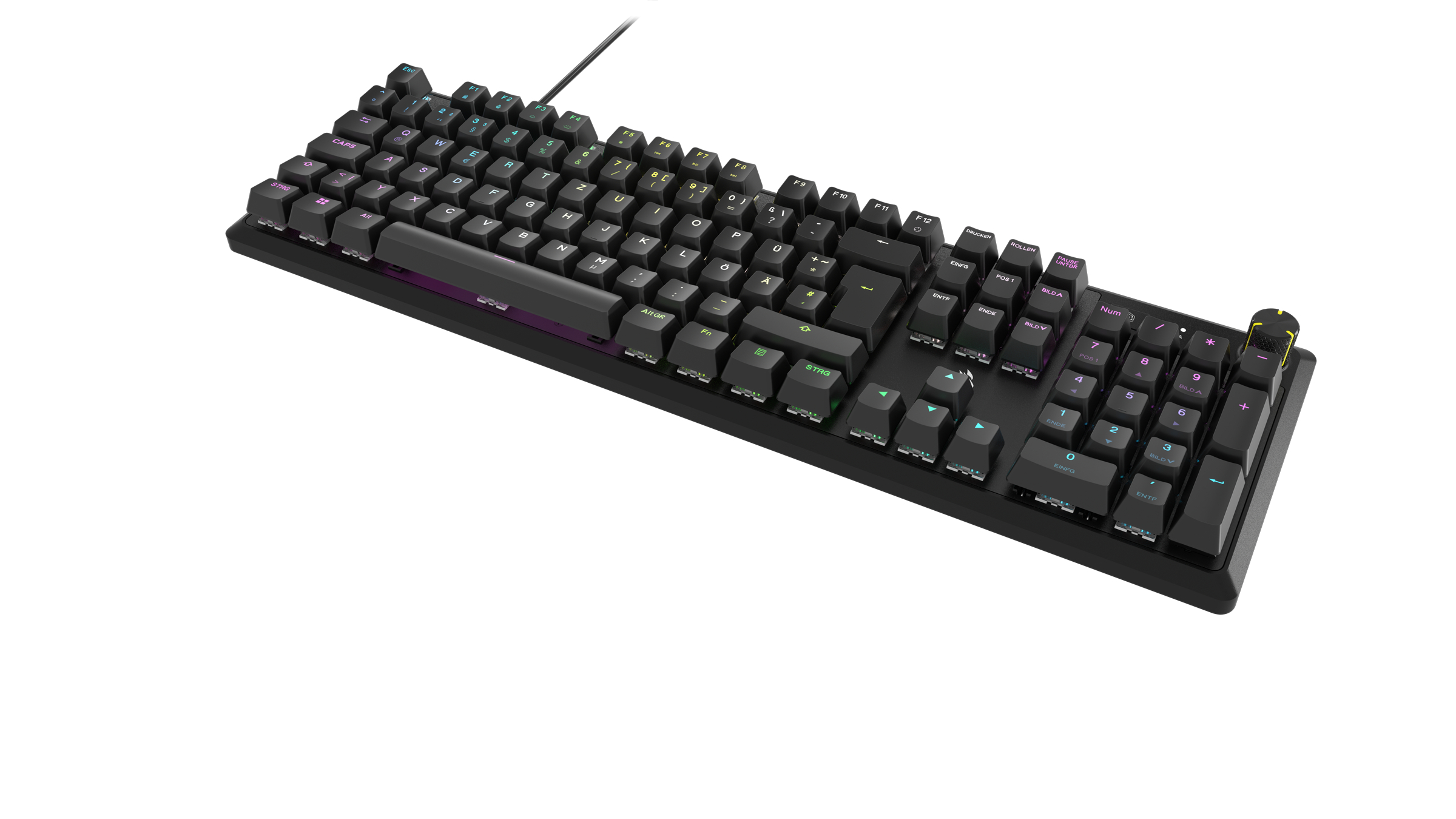 Eine schwarze Tastatur mit farbigen Tasten. Sie liegt auf einer weißen Oberfläche. Die Tasten sind beleuchtet.