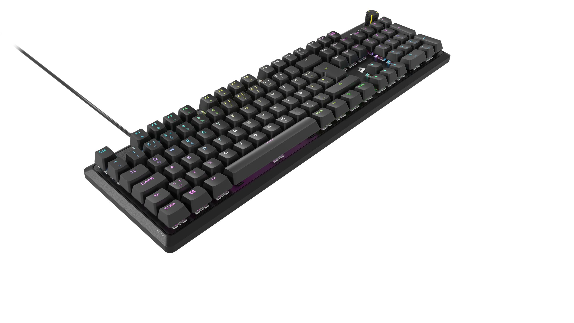 Schwarze Gaming-Tastatur. Die Tastatur hat farbige Tasten und ein Kabel.
