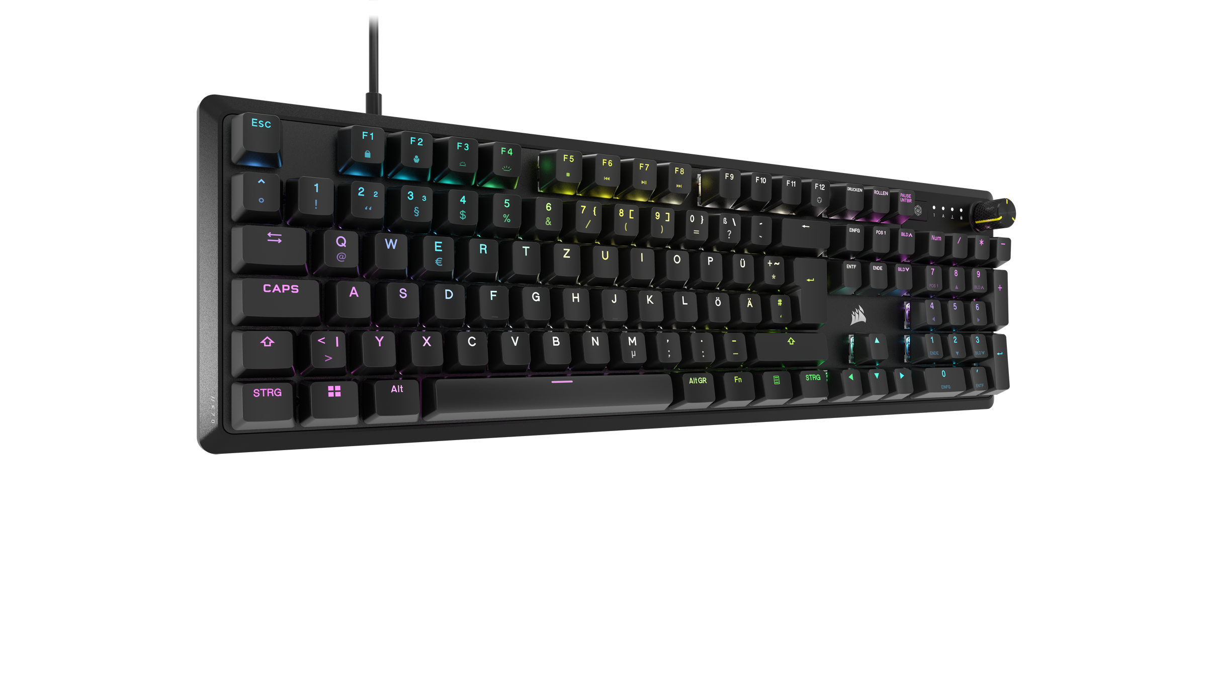 Schwarze mechanische Tastatur mit beleuchteten Tasten und einem Lautstärkerad.