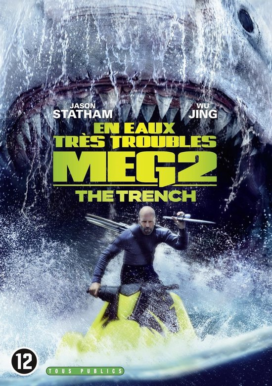 Meg 2 filmposter. Haai, Jason Statham op jetski, tekst in het Frans.