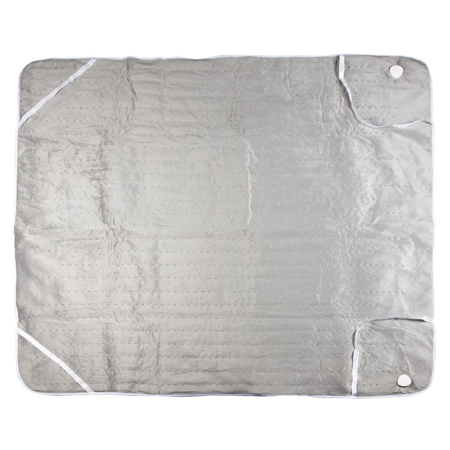 Coussin chauffant gris rectangulaire. Garniture blanche, deux coins arrondis et fermetures à pression.
