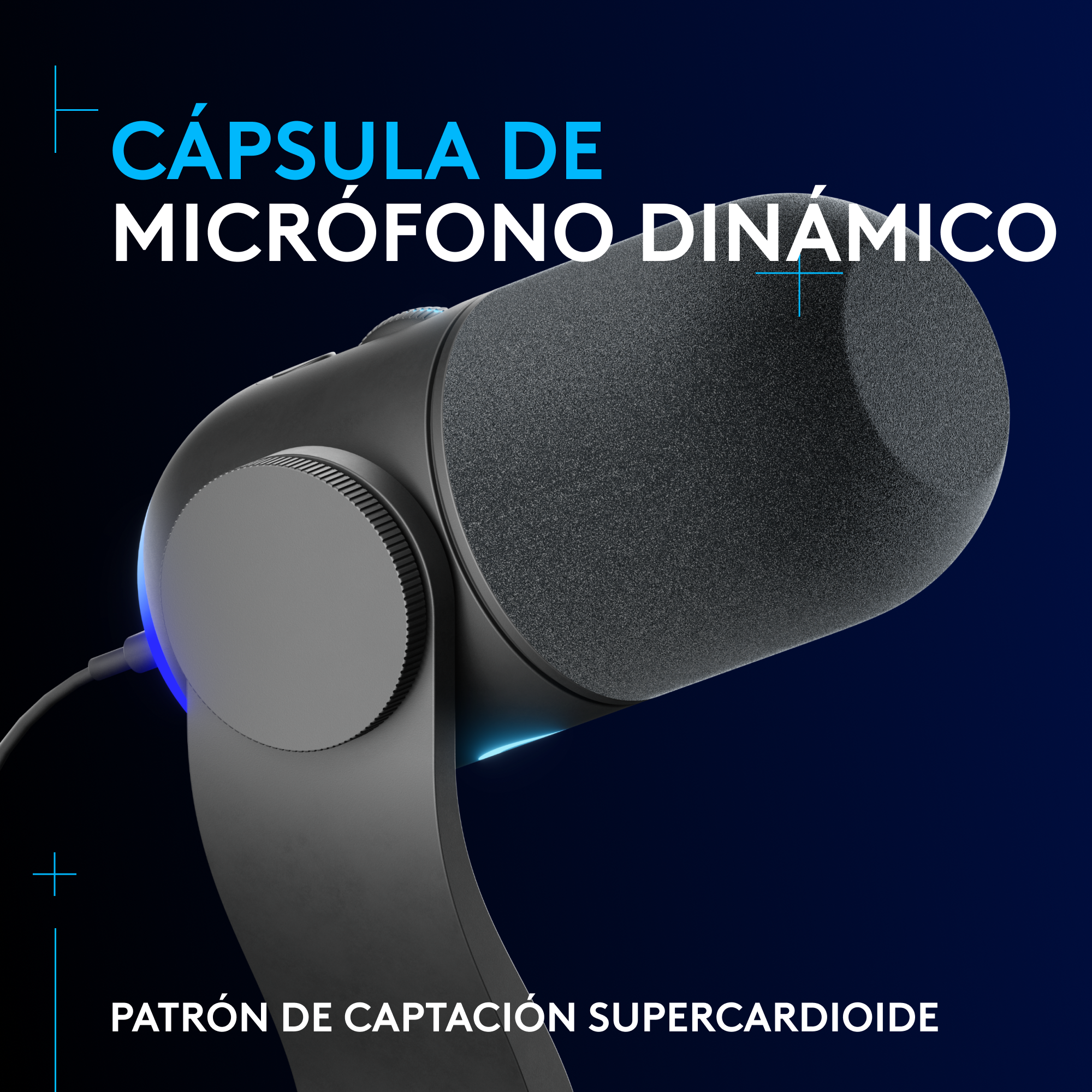 Un micrófono dinámico con texto en español. Un fondo azul y negro.