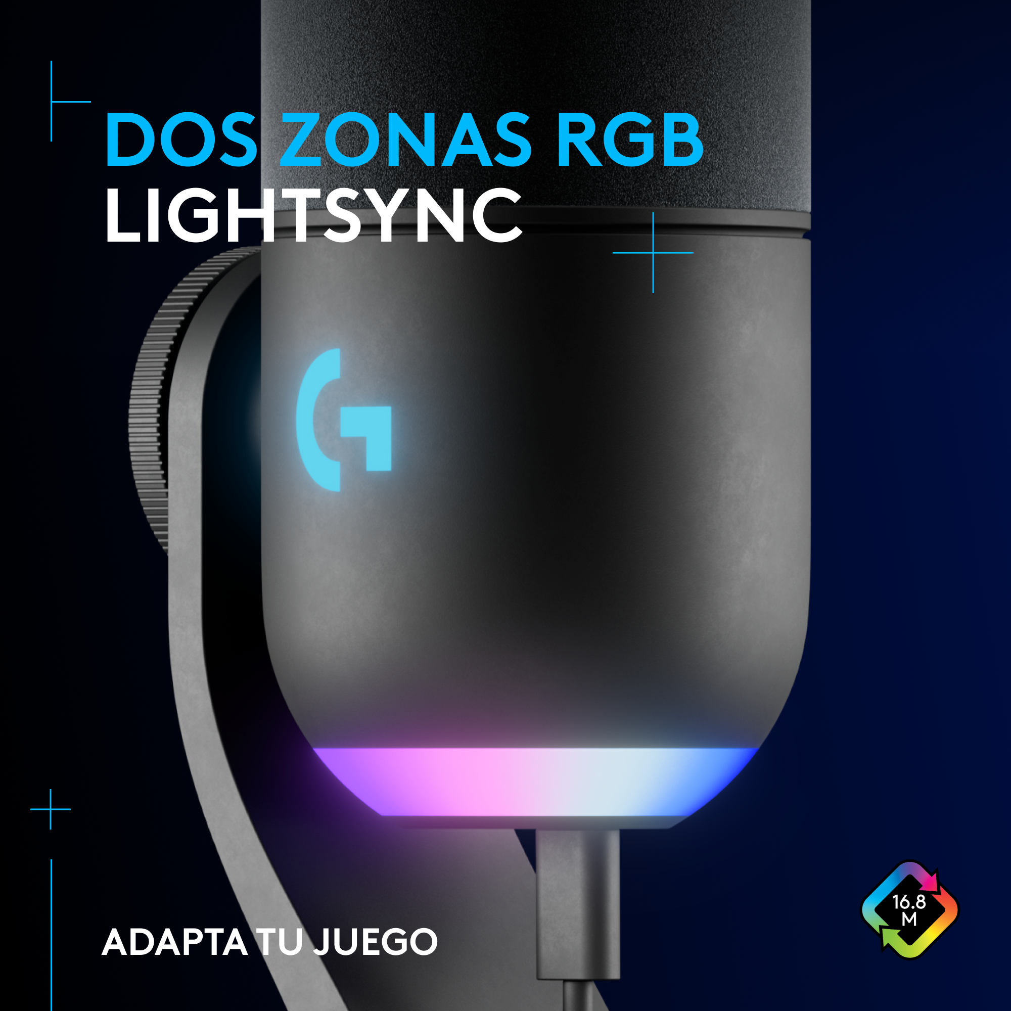 Micrófono negro con iluminación RGB en la base. Texto azul y signos más sobre fondo azul.