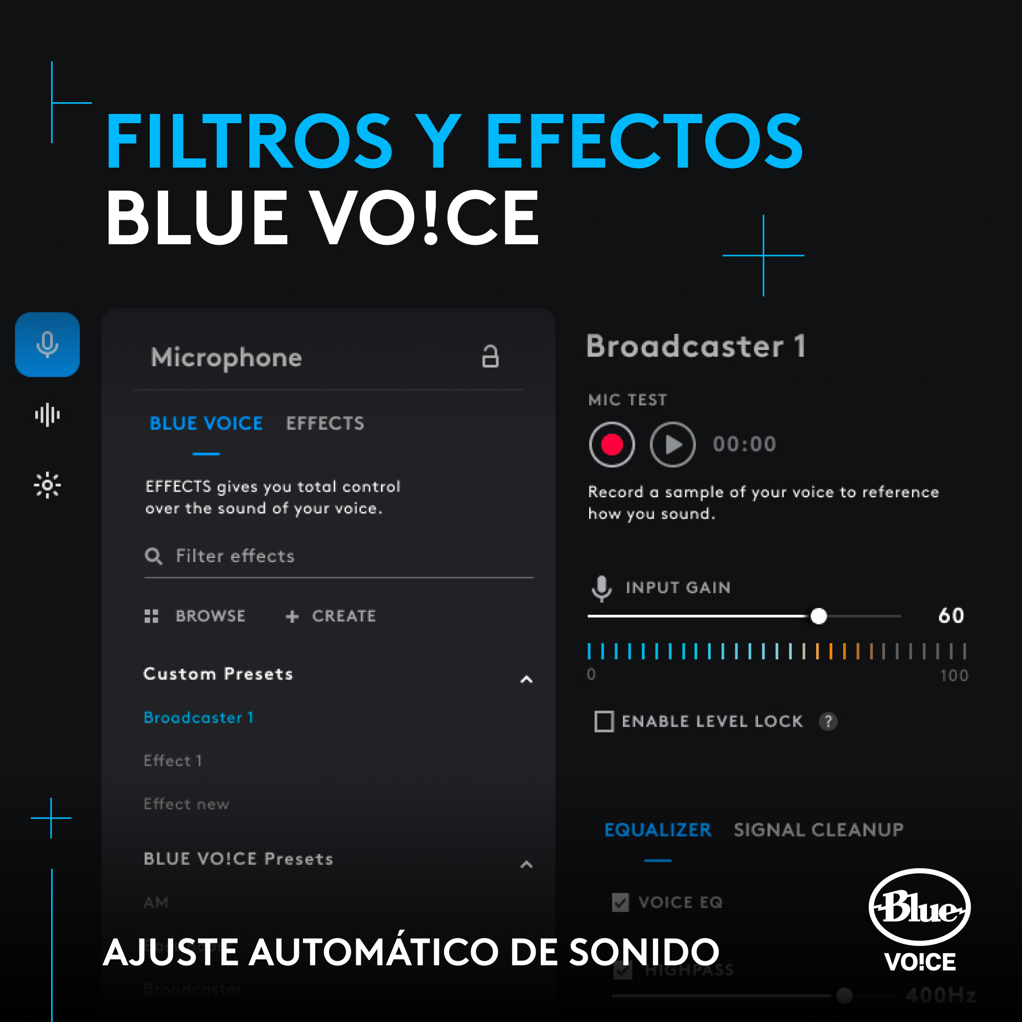 Una interfaz de software Blue Voice que muestra la configuración. La interfaz tiene un icono de micrófono y varias opciones.