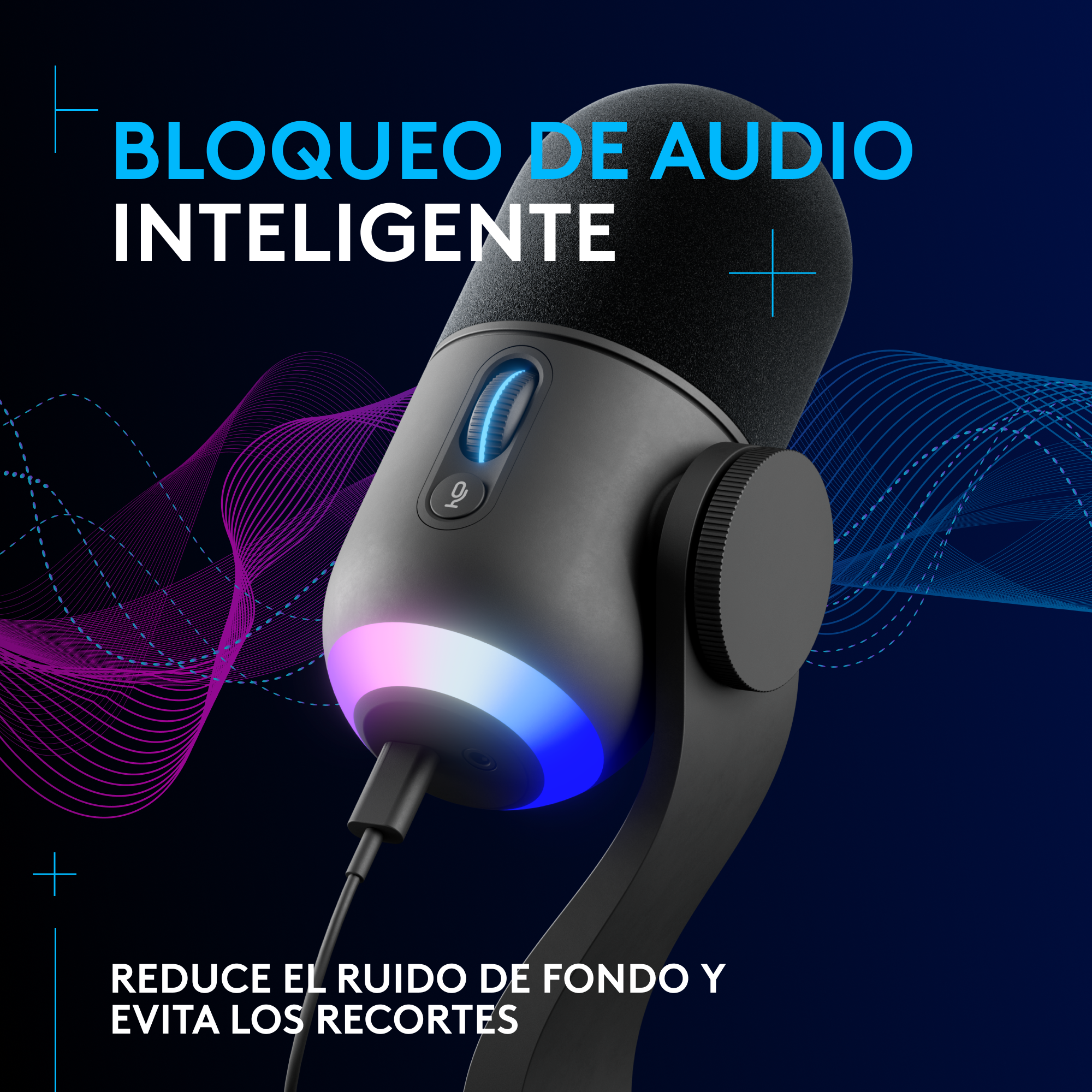 Un micrófono negro con luz azul y rosa. El texto superior dice 'BLOQUEO DE AUDIO INTELIGENTE'.