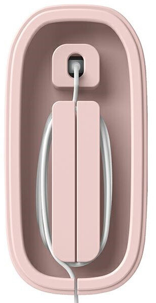 Różowa stacja ładująca dla słuchawek. Biały przewód w środku i różowe etui.