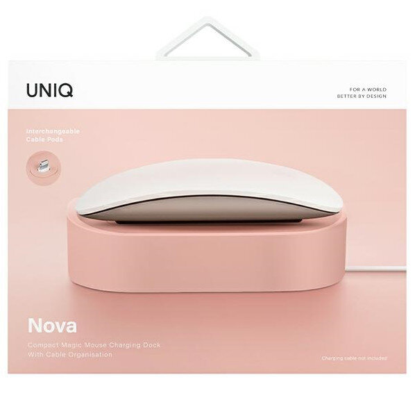 Biała mysz na różowej stacji ładującej z białym pudełkiem.