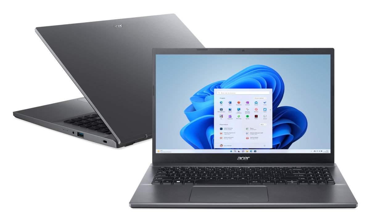 Dwa szare laptopy na białym tle. Jeden jest otwarty i wyświetla interfejs Windows 11.